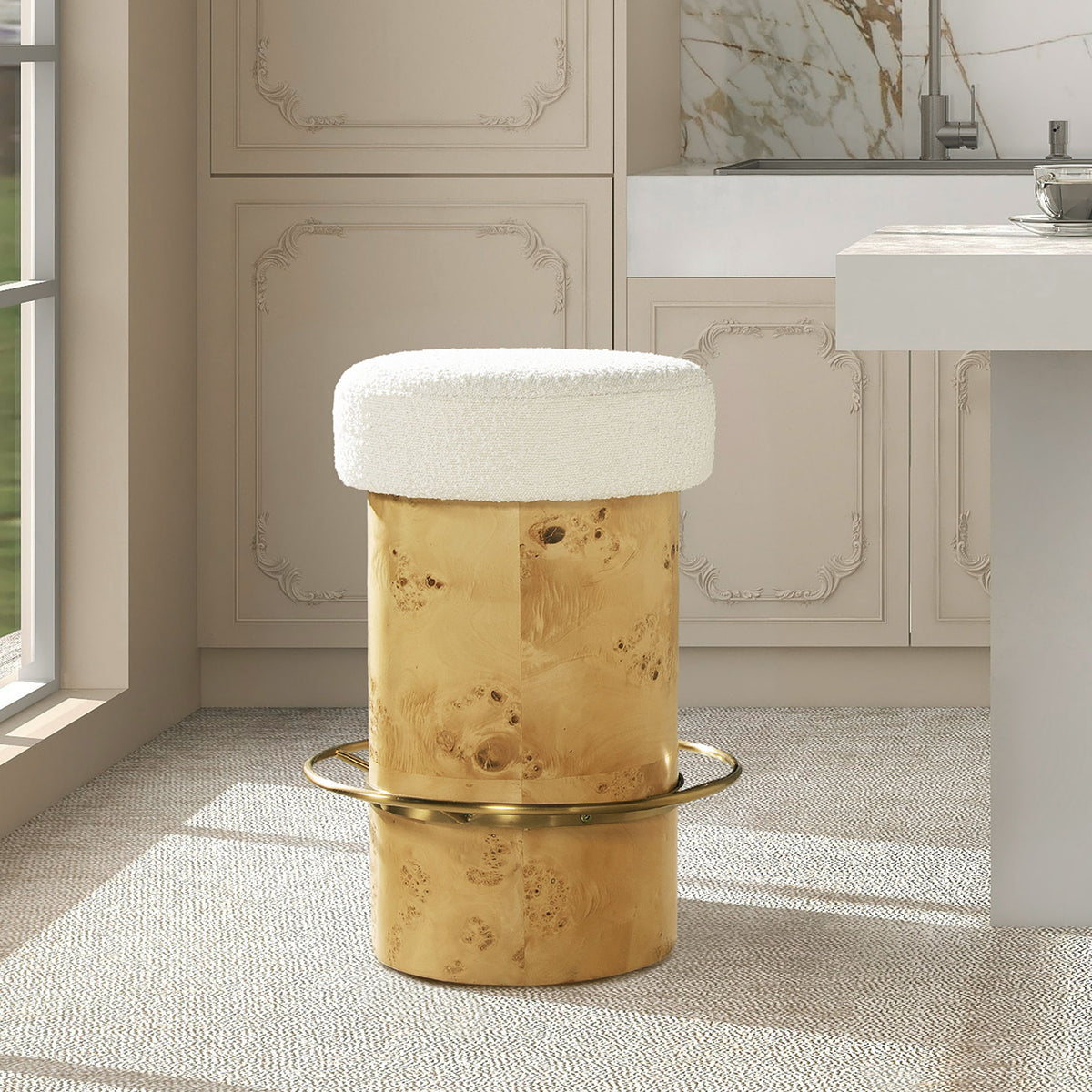 Nebula - Backless Round Upholstered Counter Stool With Burl - Ivory White by Jennifer Taylor Home | Bel Furniture