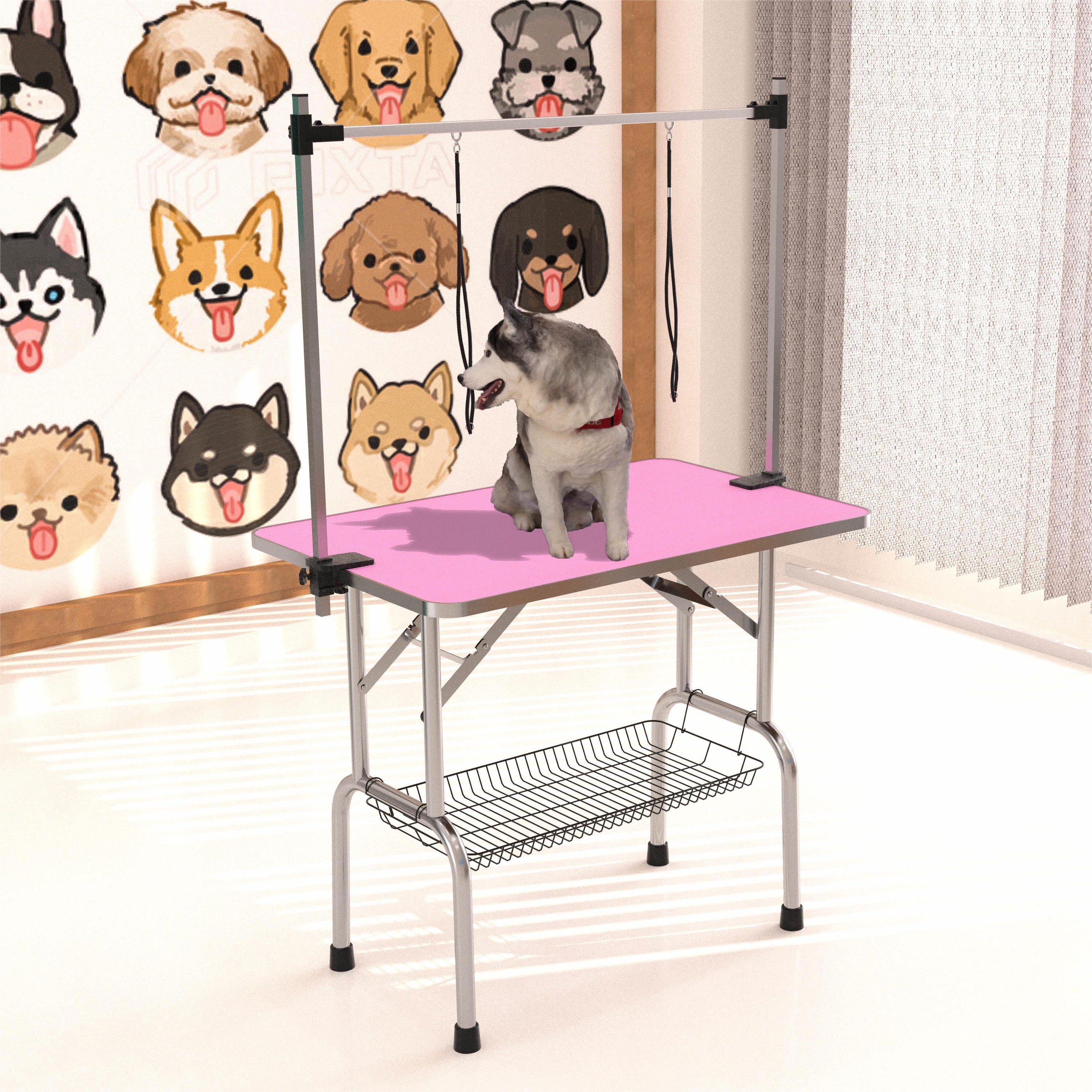 Folding Dog Pet Grooming Table Stainless Steel Frame Rubber Mat On Board With Adjustable Arm And Clamps Pet Dog Cat Grooming Table