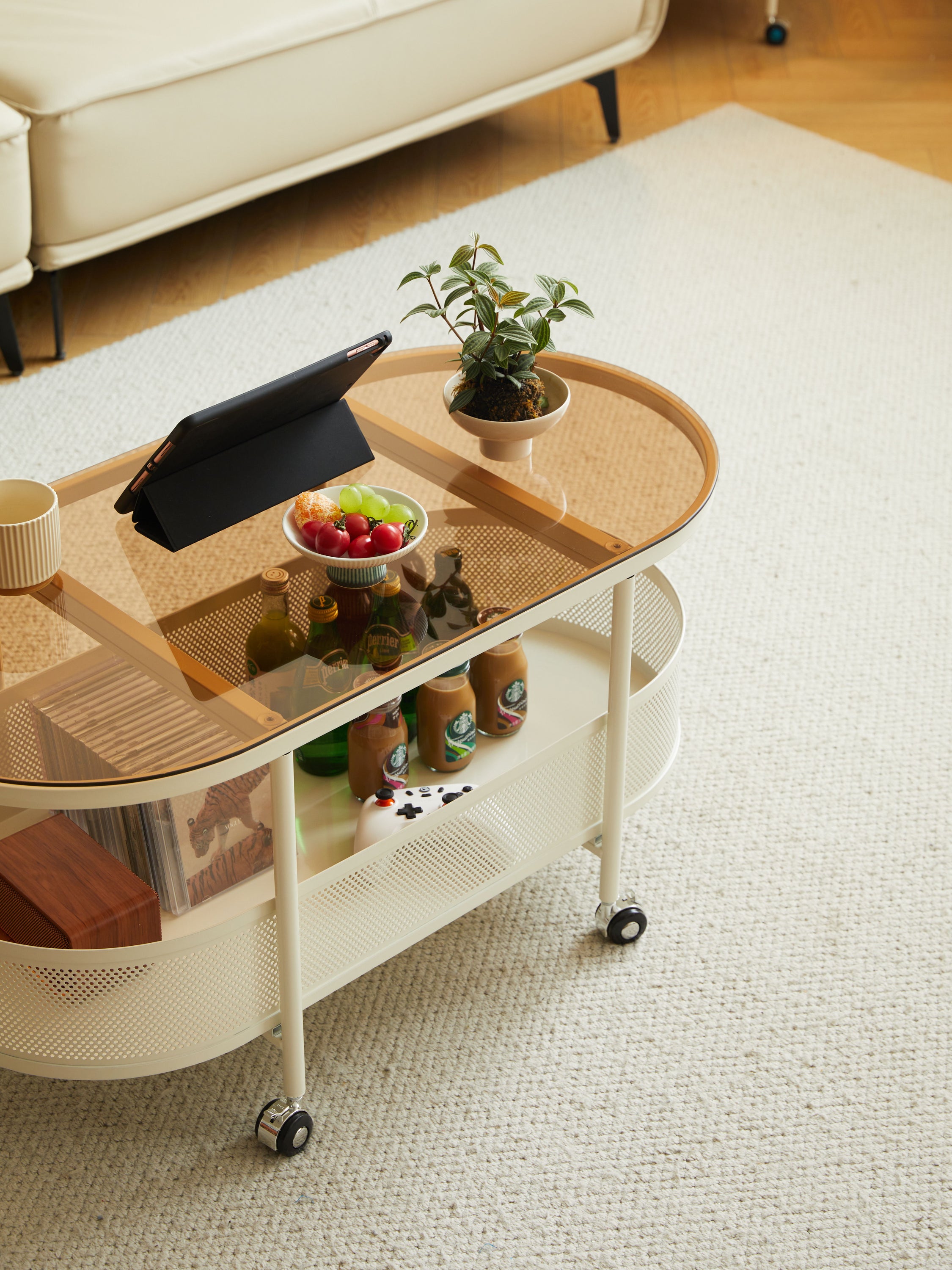 Movable Oval Metal Glass Coffee Table With Storage - White