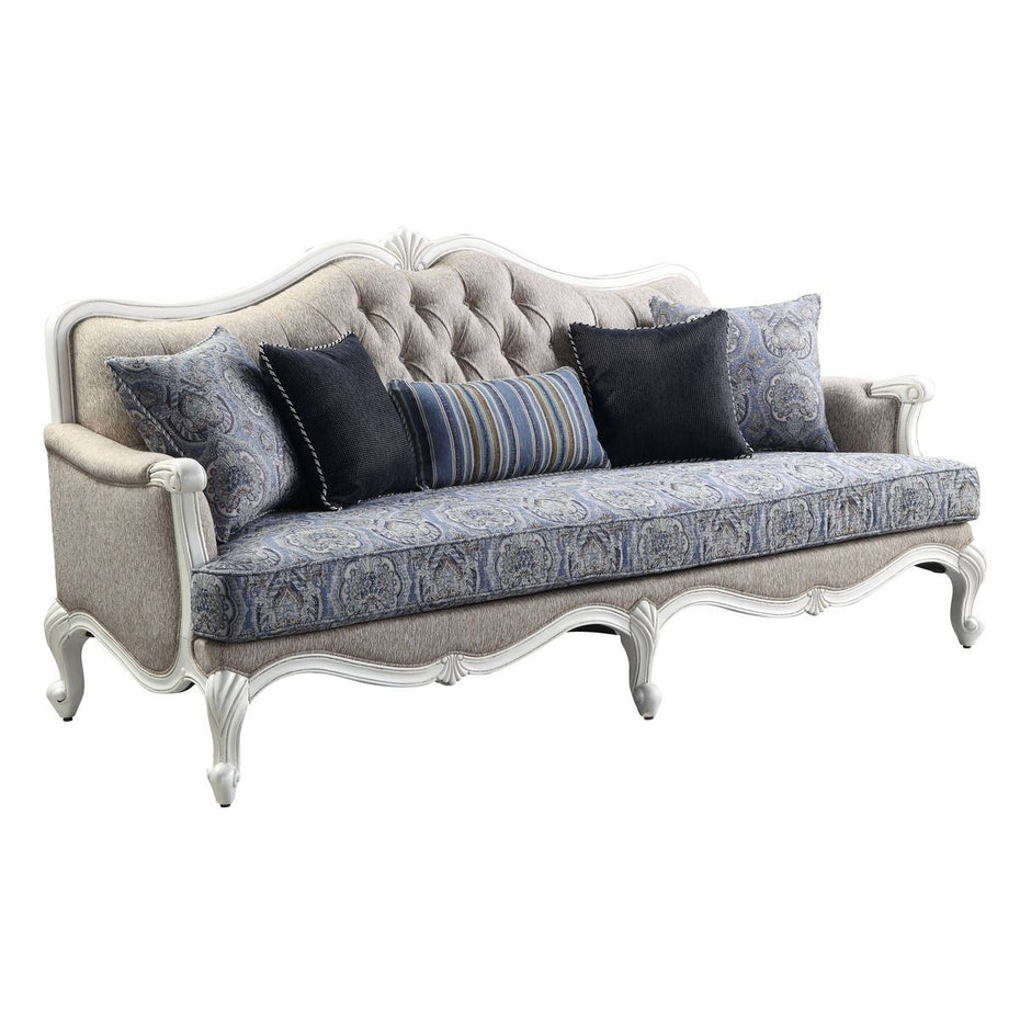 Linen Damask Sofa And Toss Pillows With White Legs - Cream