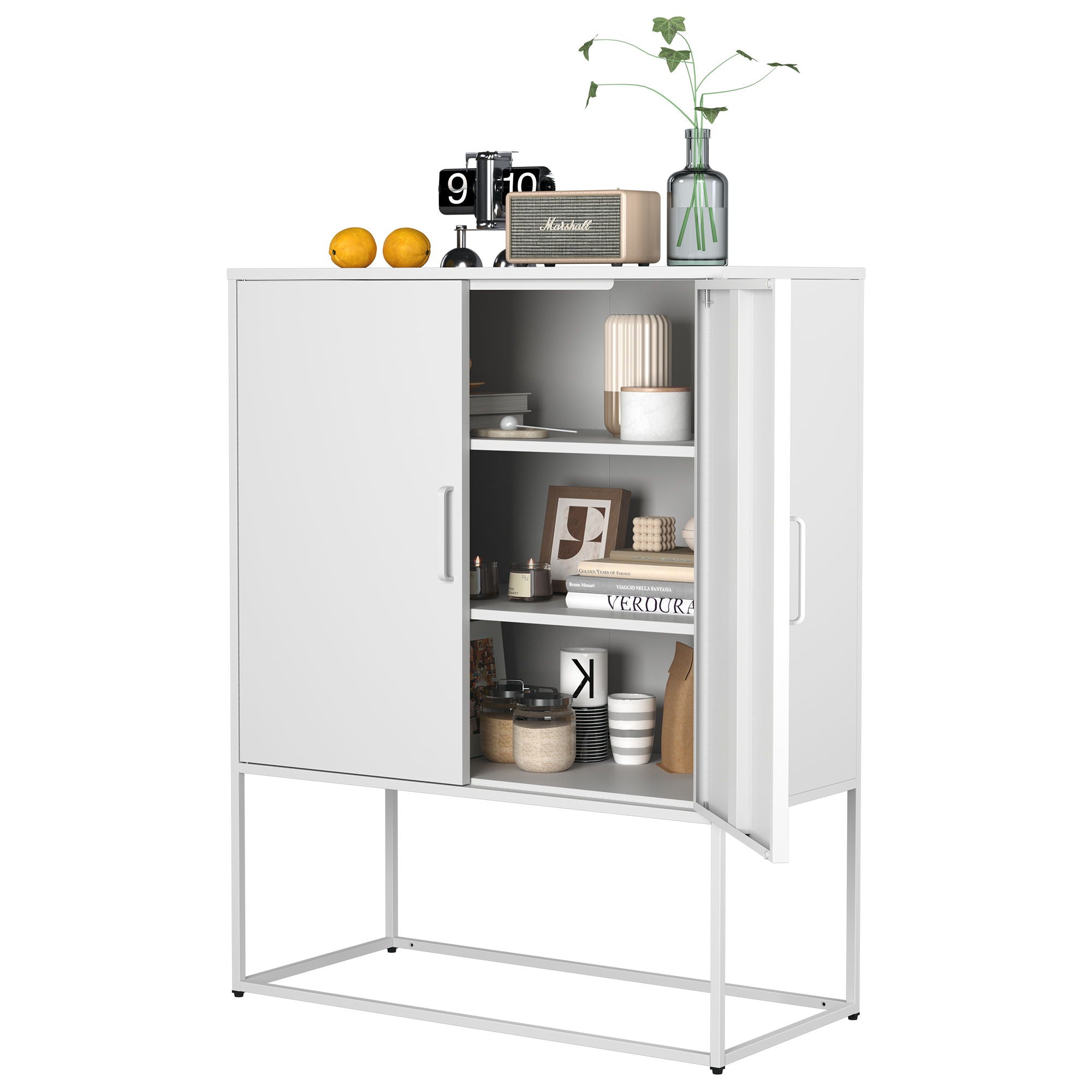 Heavy Duty Metal Buffet Sideboard Modern Steel Storage Cabinet With 2 Shelves, Free Standing Accent Cabinet With Magnetic Doors For Bedroom, Kitchen, And Home Office, Anti-Tip Design