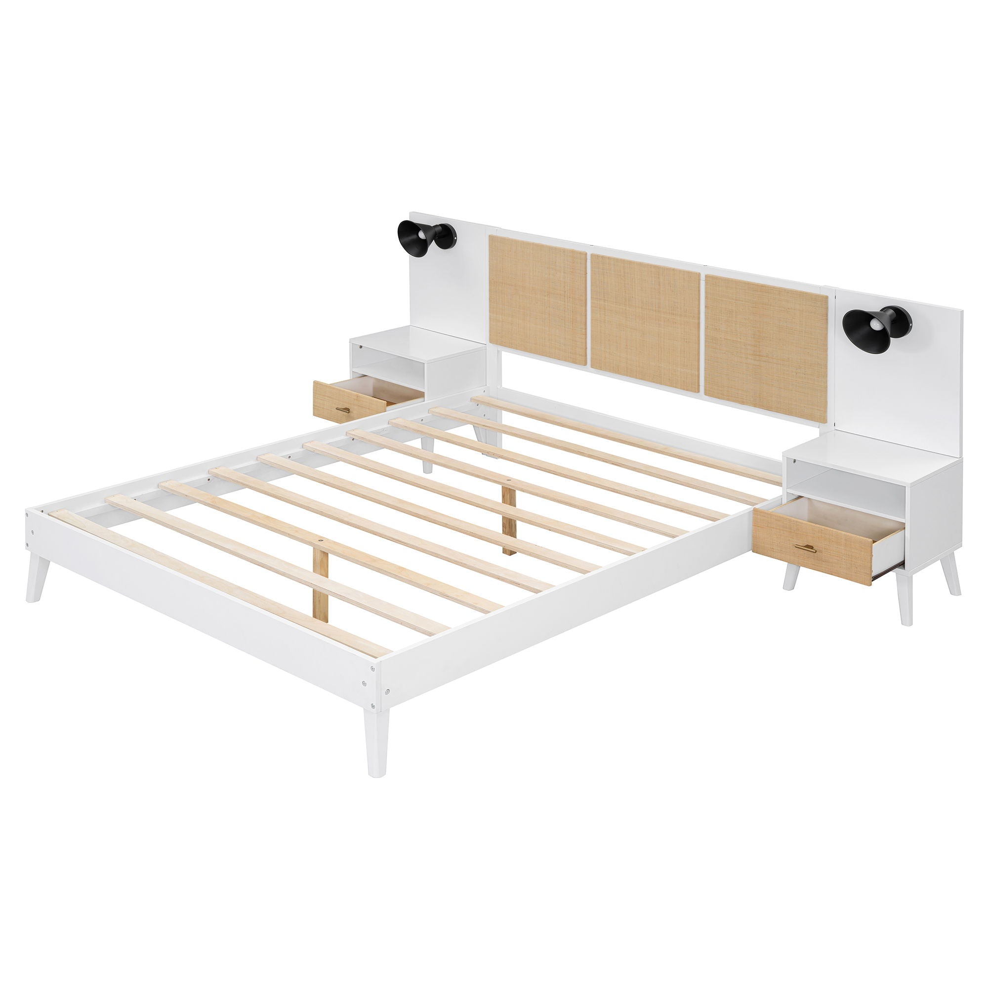 Solid Wood Bed Frame With 2 Nightstands, Elegant Design With Lamps, Rattan And Wood Combination