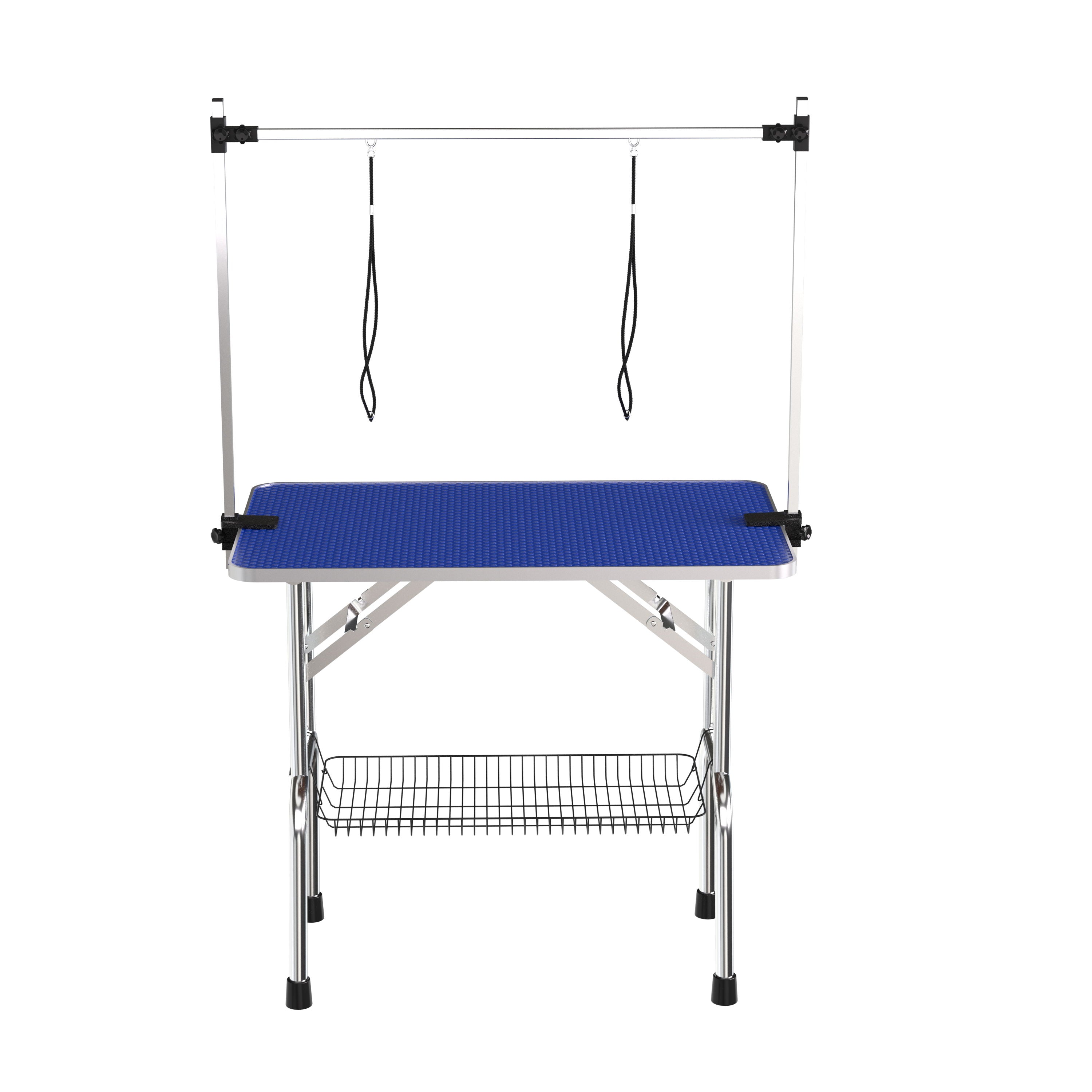 Folding Dog Pet Grooming Table Stainless Steel Frame Rubber Mat On Board With Adjustable Arm And Clamps Pet Dog Cat Grooming Table