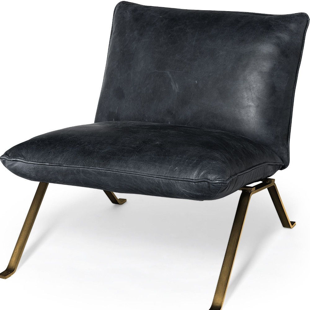 Top Grain Leather Distressed Slipper Chair - Black / Brass