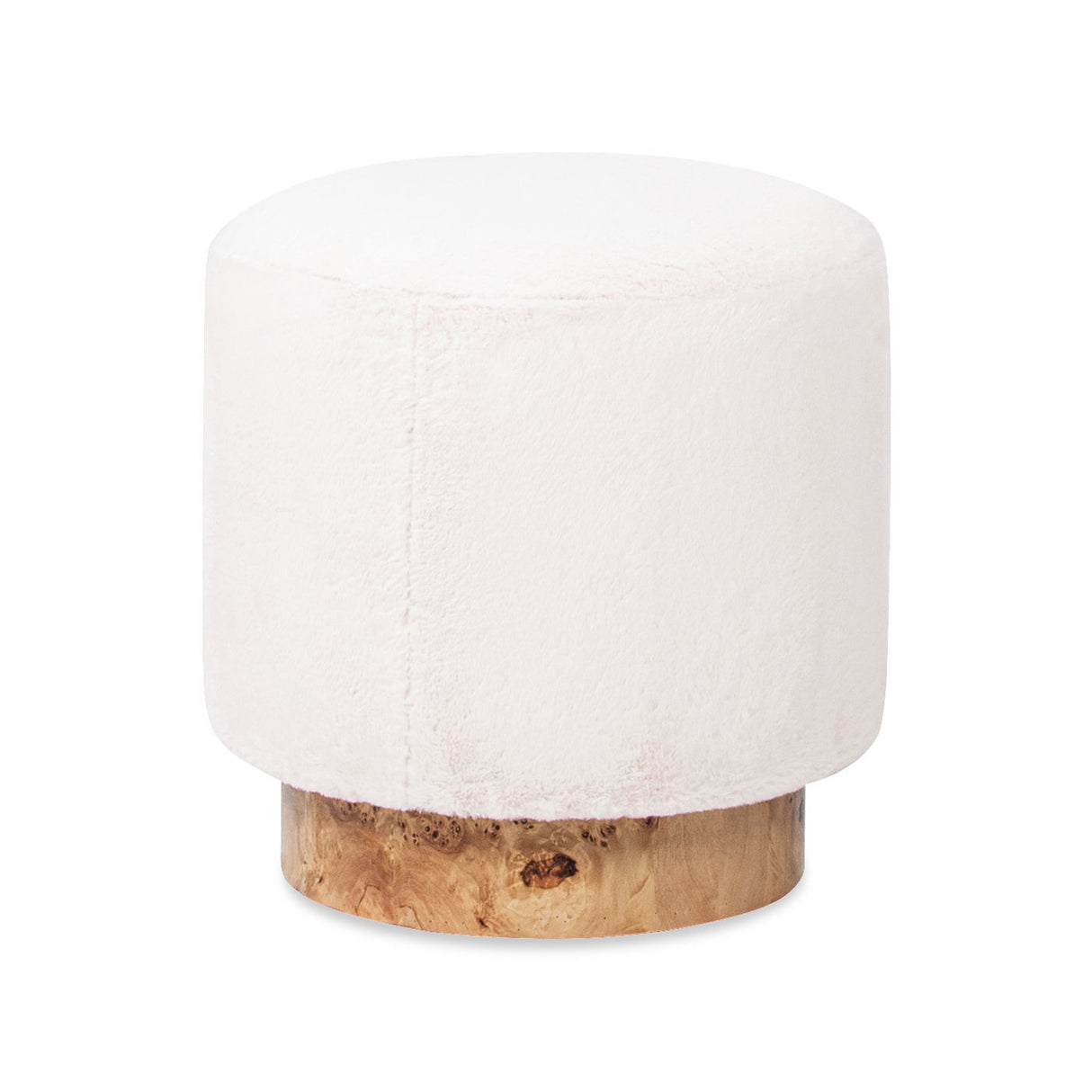 Tilly - Round Fur Upholstered / Burl Pouf Ottoman - White by Jennifer Taylor Home | Bel Furniture