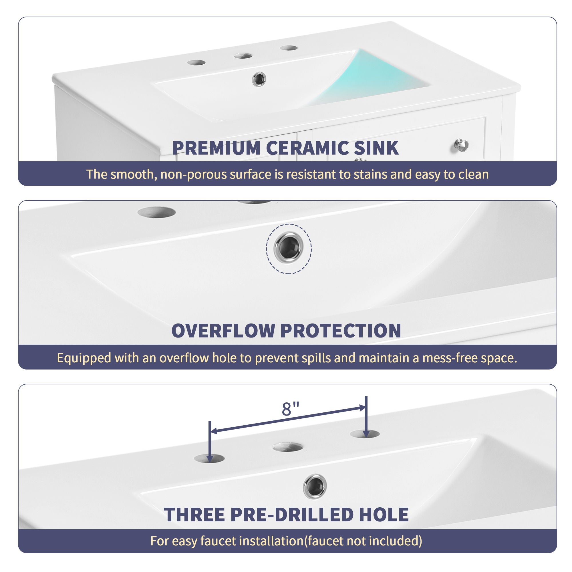 Bathroom Vanity Cabinet With Ceramic Basin, Double-Layer Drawer, Deep Drawer And Adjustable Shelf