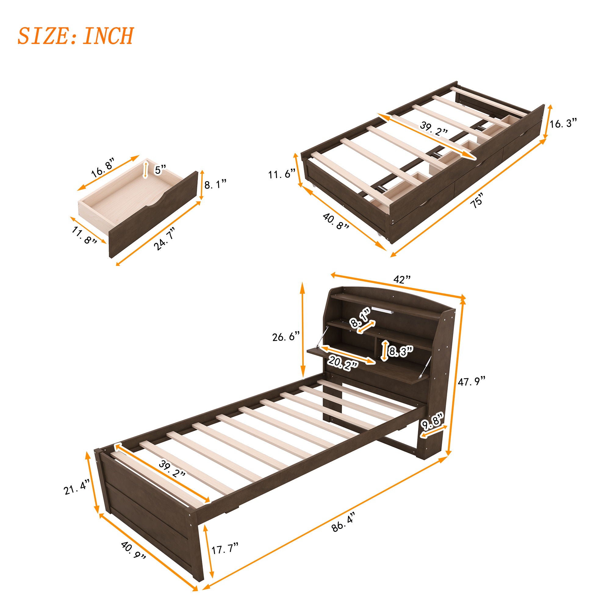 Wooden LED Platform Bed With Trundle, With Storage Headboard, With Drawers