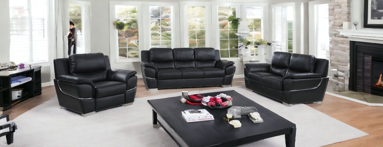 Three Piece Indoor Genuine Leather Six Person Seating Set - Black