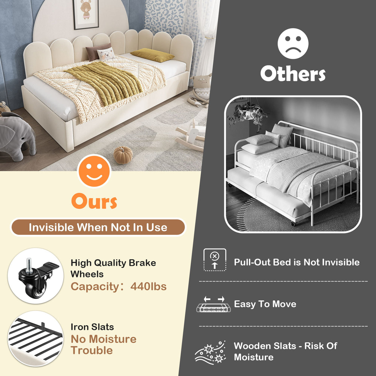 Upholstered Daybed With Metal Slatted Base