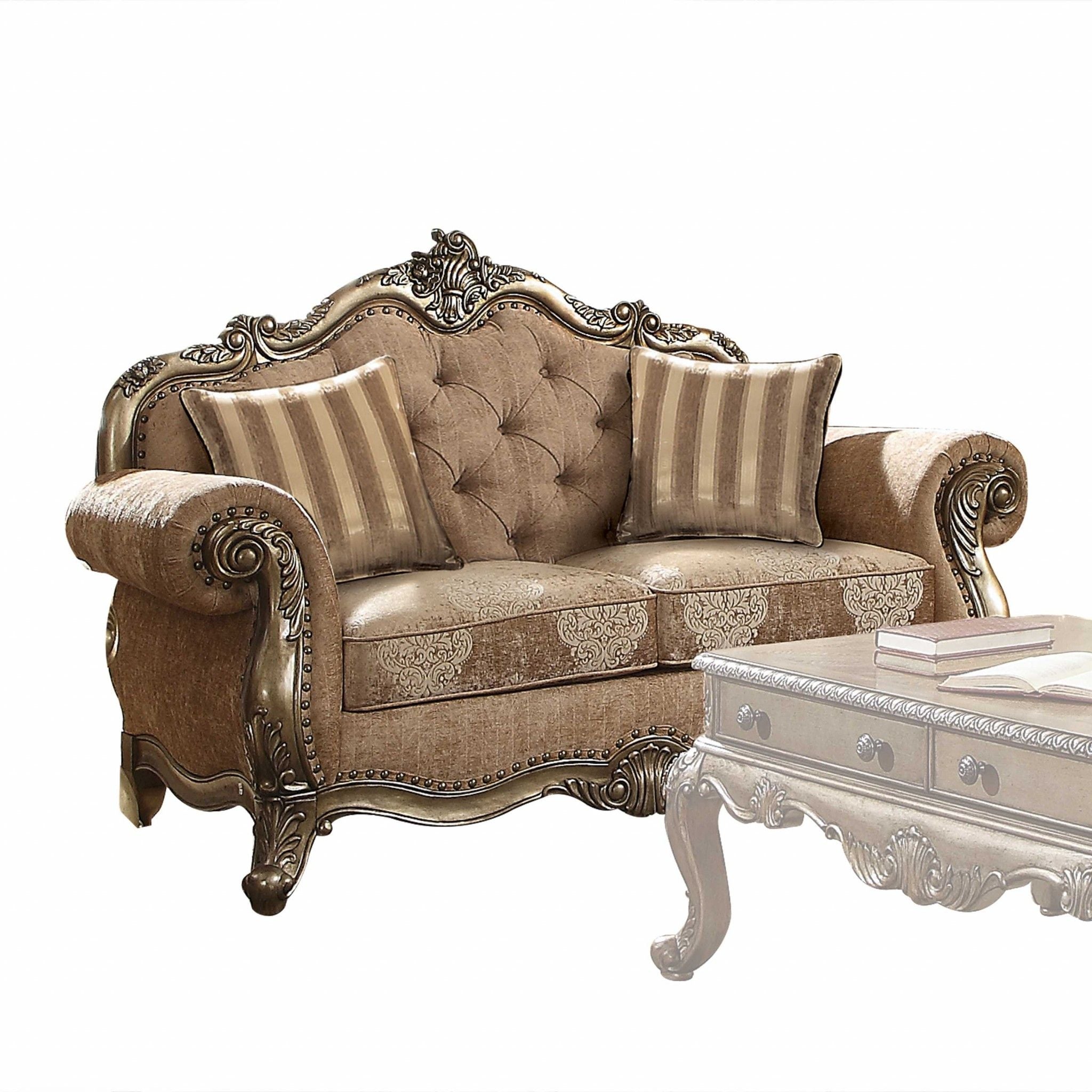 Damask Chesterfield Loveseat - Brown / Platinum