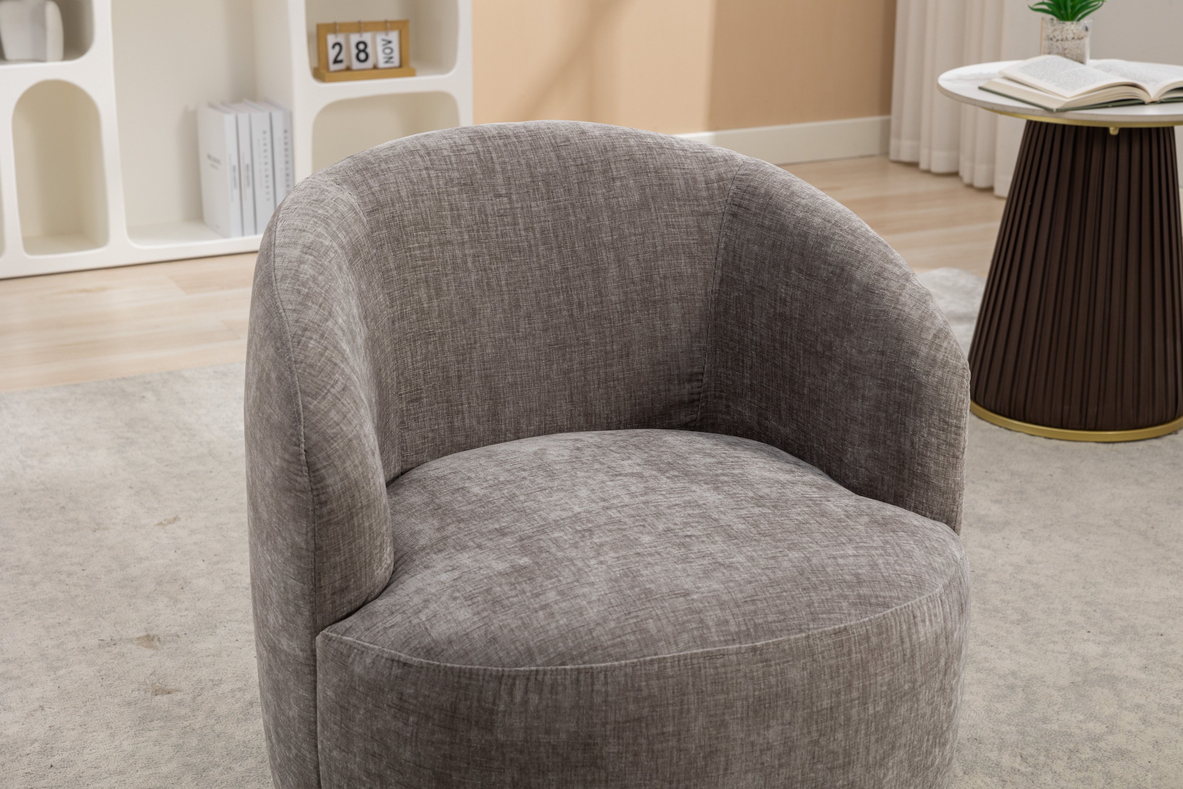 Chenille Fabric Swivel Accent Armchair Barrel Chair With Powder Coating Metal Ring