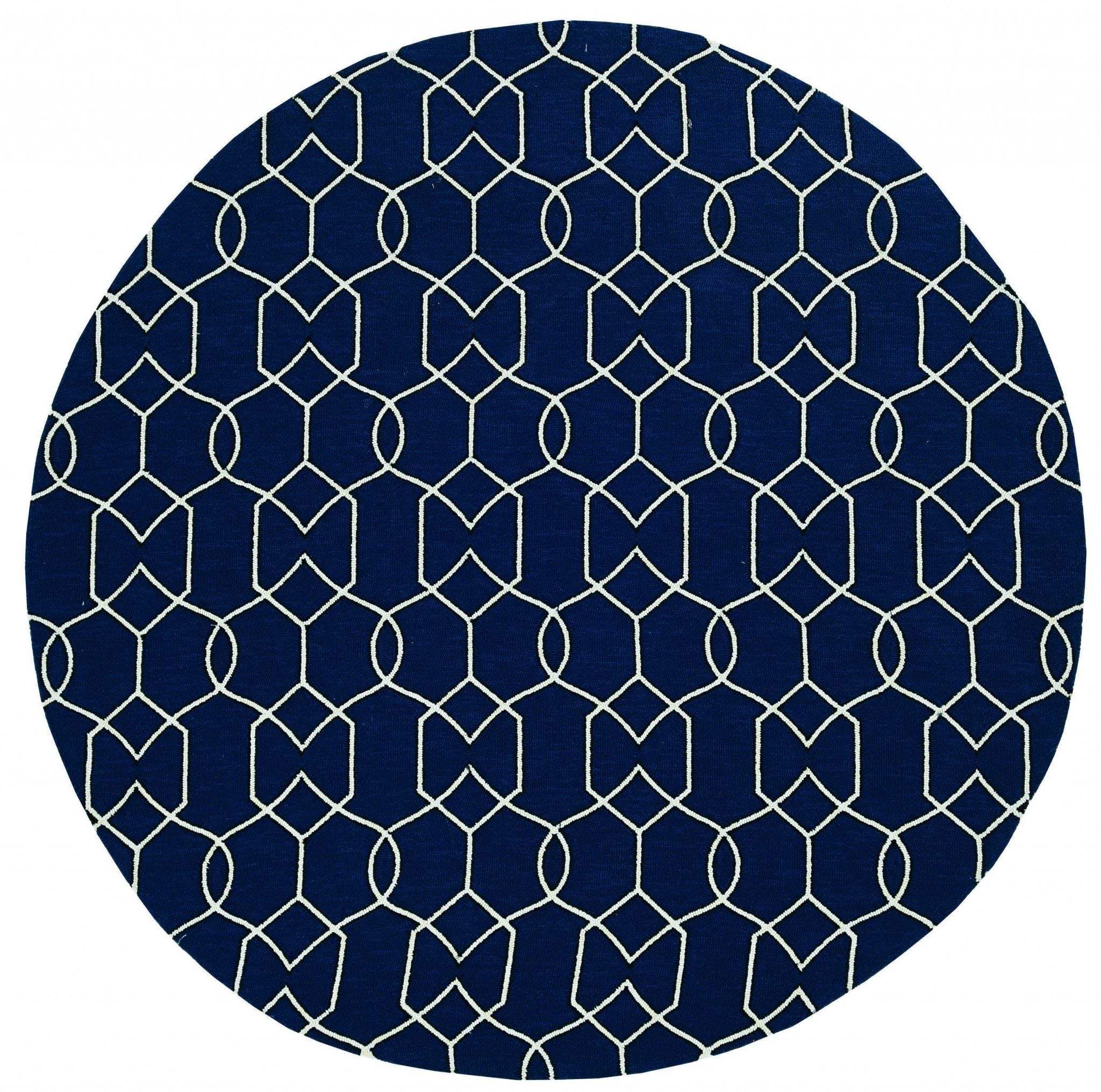 7' Hand Hooked UV Treated Geometric Round Indoor / Outdoor Area Rug - Navy Blue