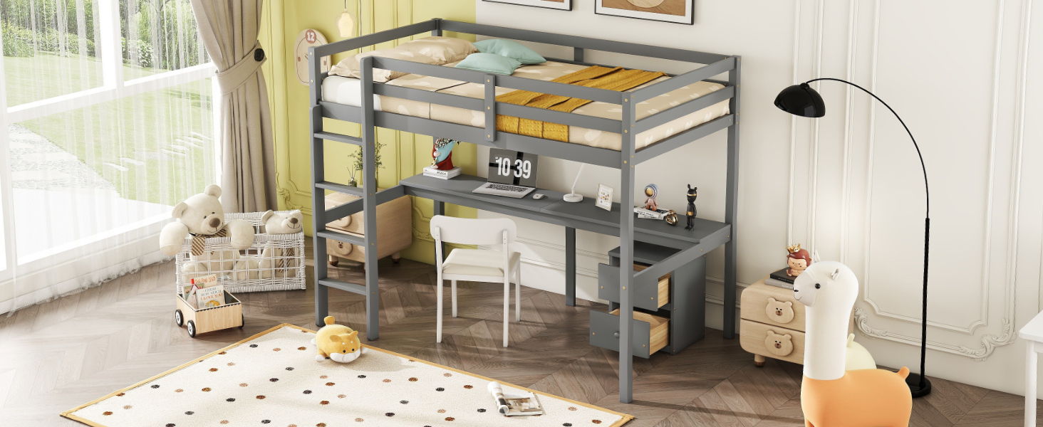 Loft Wood Bed With Under-Bed, Built-In Desk, A Storage Cabinet Of 2 Drawers, Guardrails, Ladder