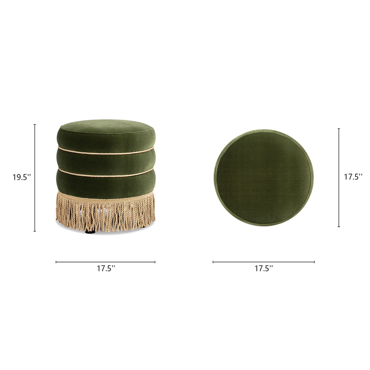 Edward - Round Upholstered Ottoman With Bullion Fringe - Olive Green by Jennifer Taylor Home | Bel Furniture