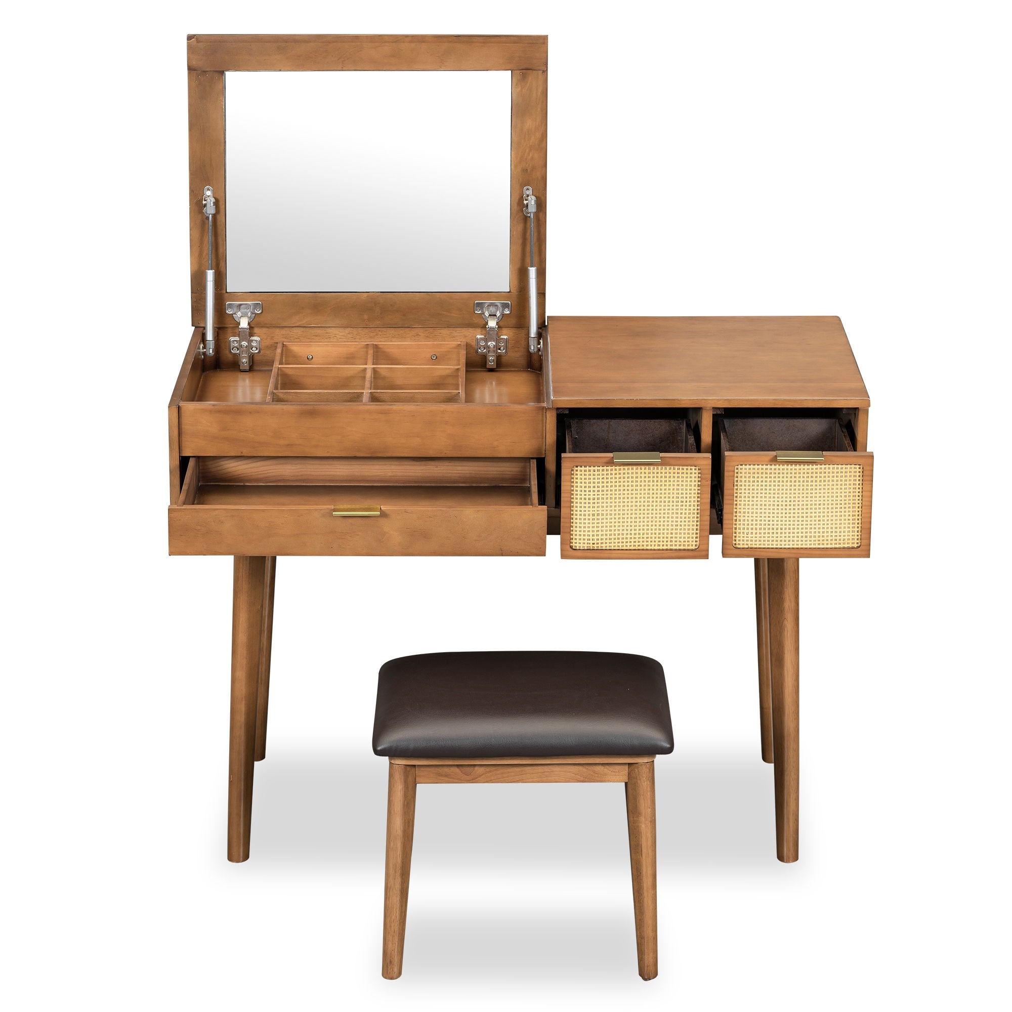 Classic Wood Makeup Vanity Set With Flip-Top Mirror And Stool, Dressing Table With Three Drawers And Storage Space