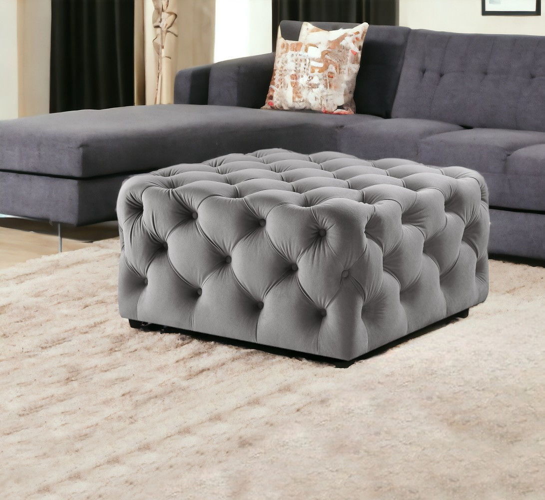 Velvet Rolling Tufted Cocktail Ottoman - Gray