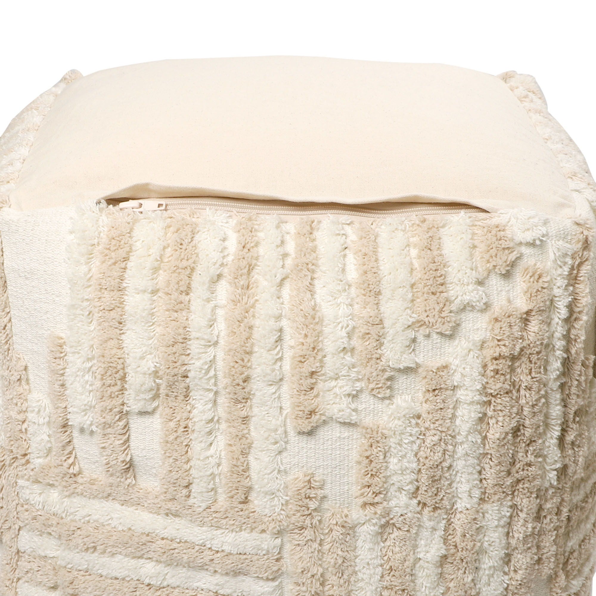 Cotton Cube Striped Pouf Ottoman - Beige