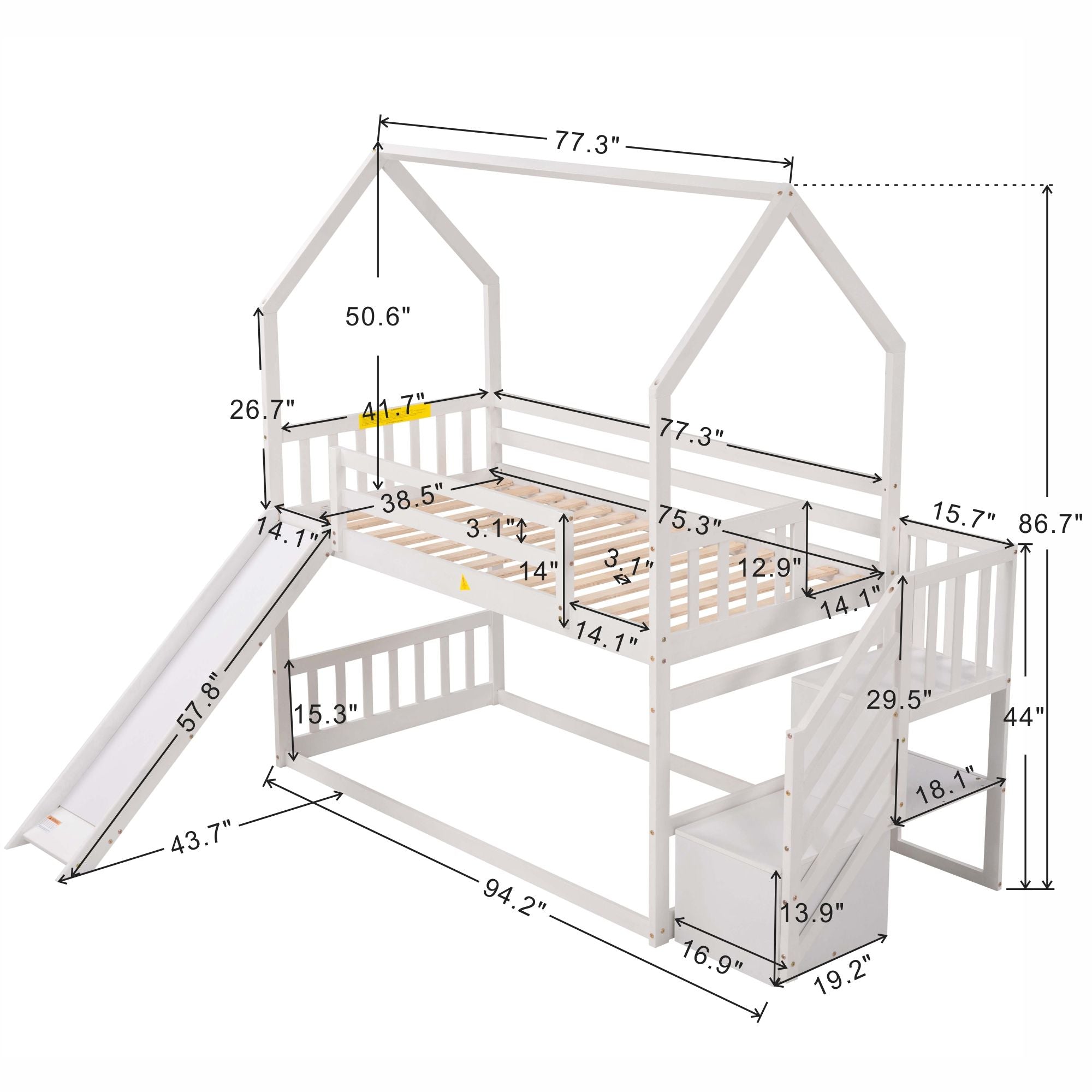 Twin Over Twin House Bunk Bed With Convertible Slide, Storage Staircase