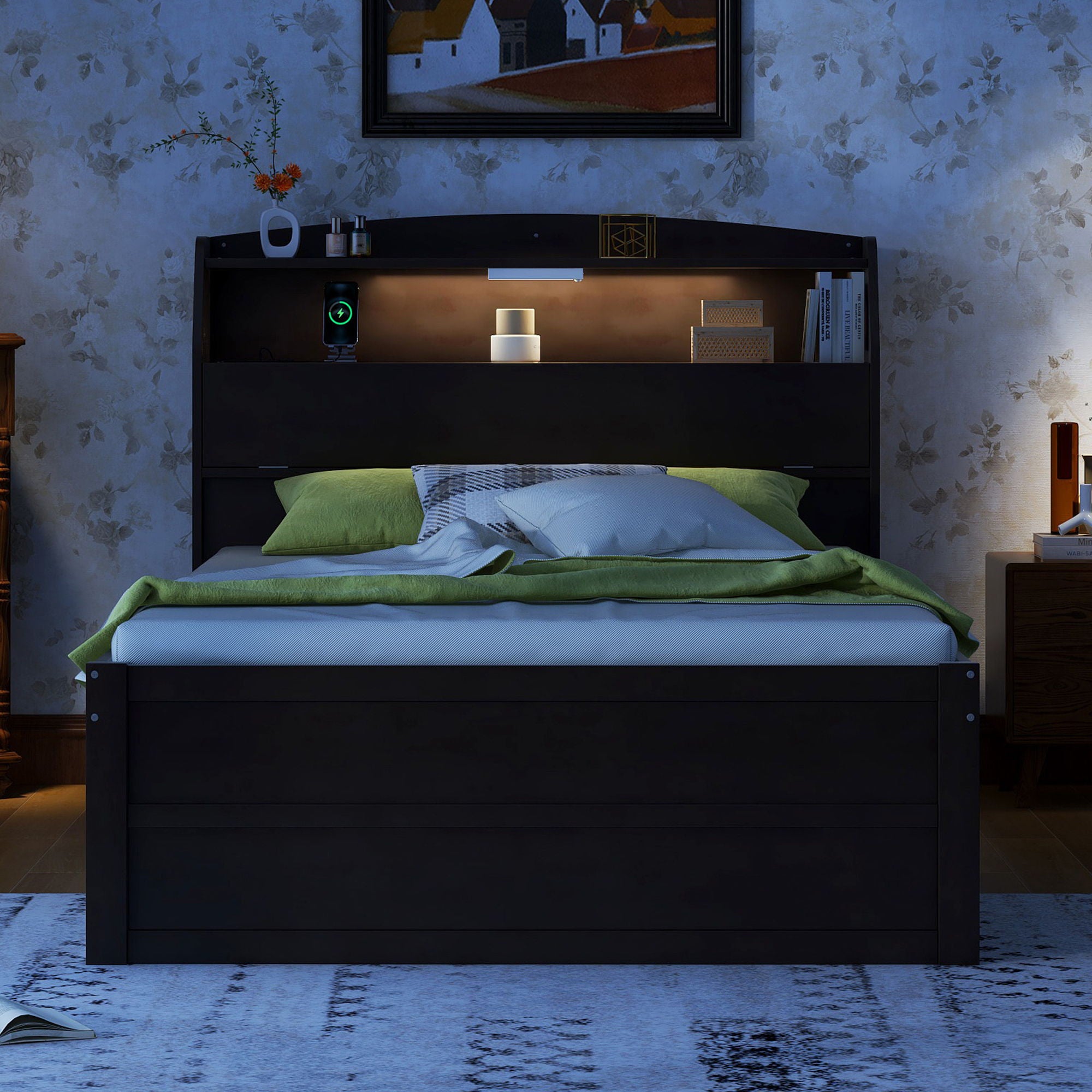 Wooden LED Platform Bed With Trundle, With Storage Headboard, With Drawers