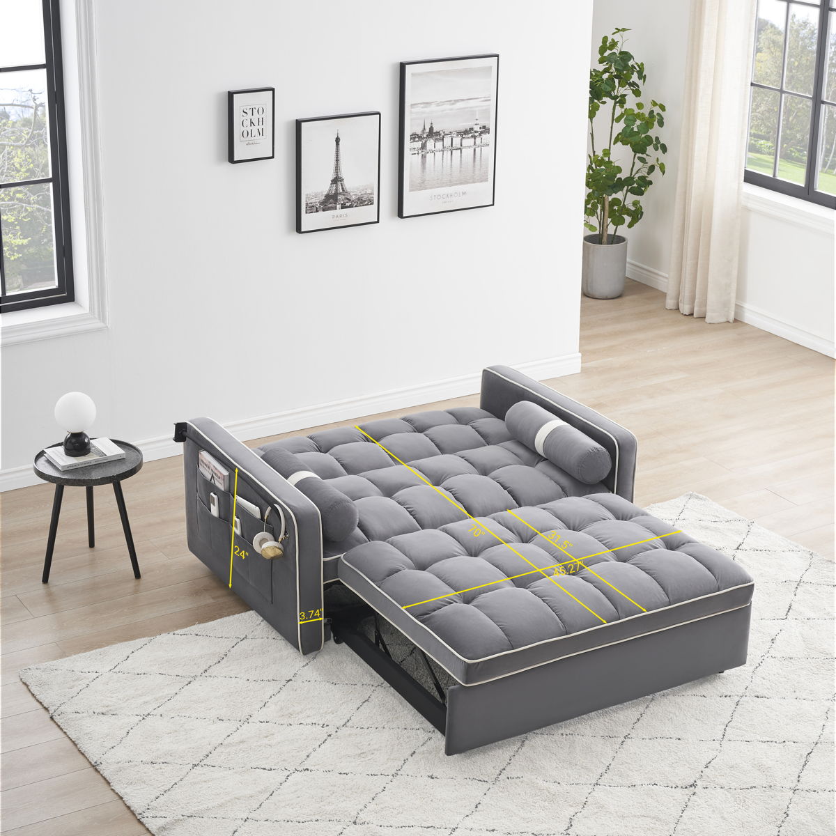 Modern Convertible Sleeper Sofa Couch With Pull Out Bed With Pillows & Side Pockets For Small Space, Living Room