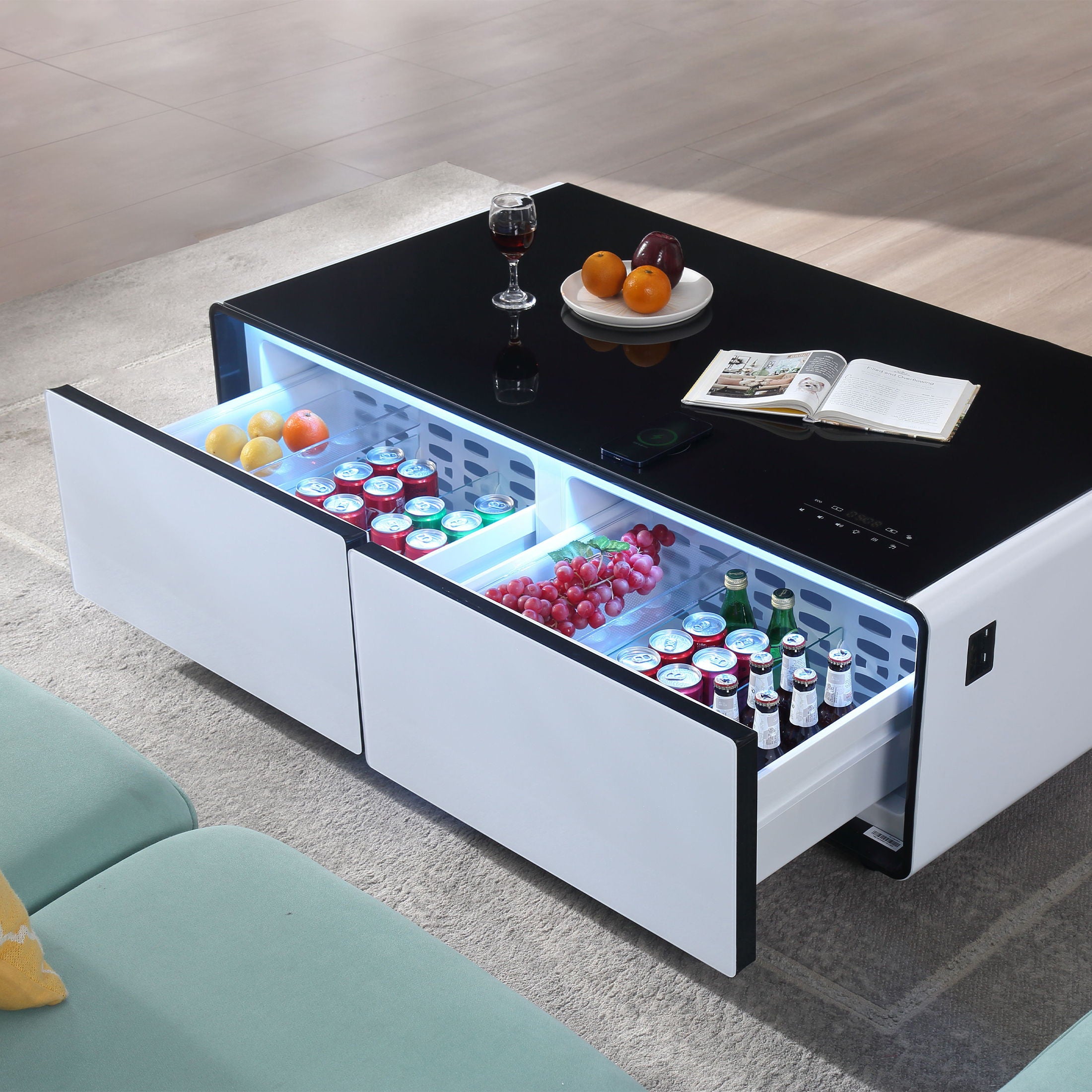 Modern Smart Coffee Table With Built-In Fridge, Bluetooth Speaker, Wireless Charging Module, Touch Control Panel, Power Socket, USB Interface, Outlet Protection, Atmosphere Light