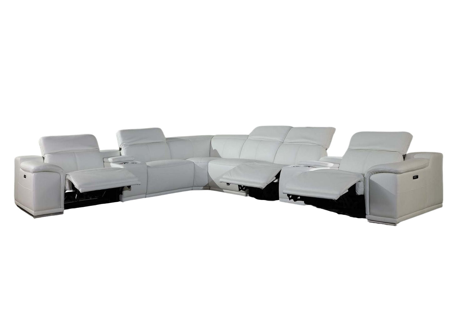 Italian Leather Power Reclining U Shaped Eight Piece Corner Sectional With Console - White