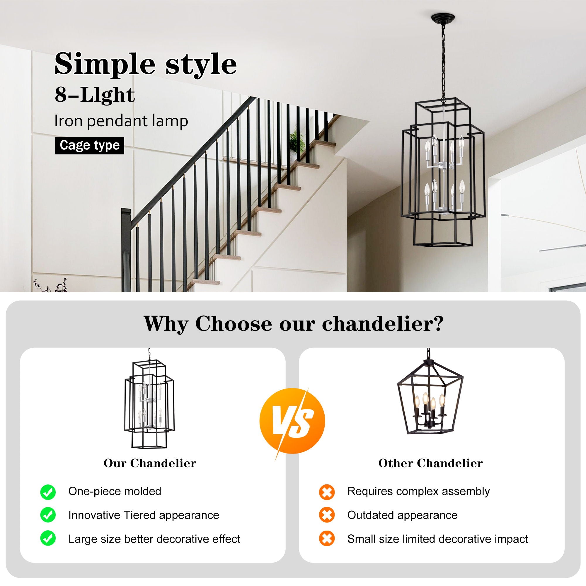 8 Light Lantern Chandelier Lighting, Entryway Chandeliers For High Ceilings, Chandeliers For Dining Room, Foyer, Entry, Staircase, Hallway, Height Adjustable (E12 Bulbs Not Included)