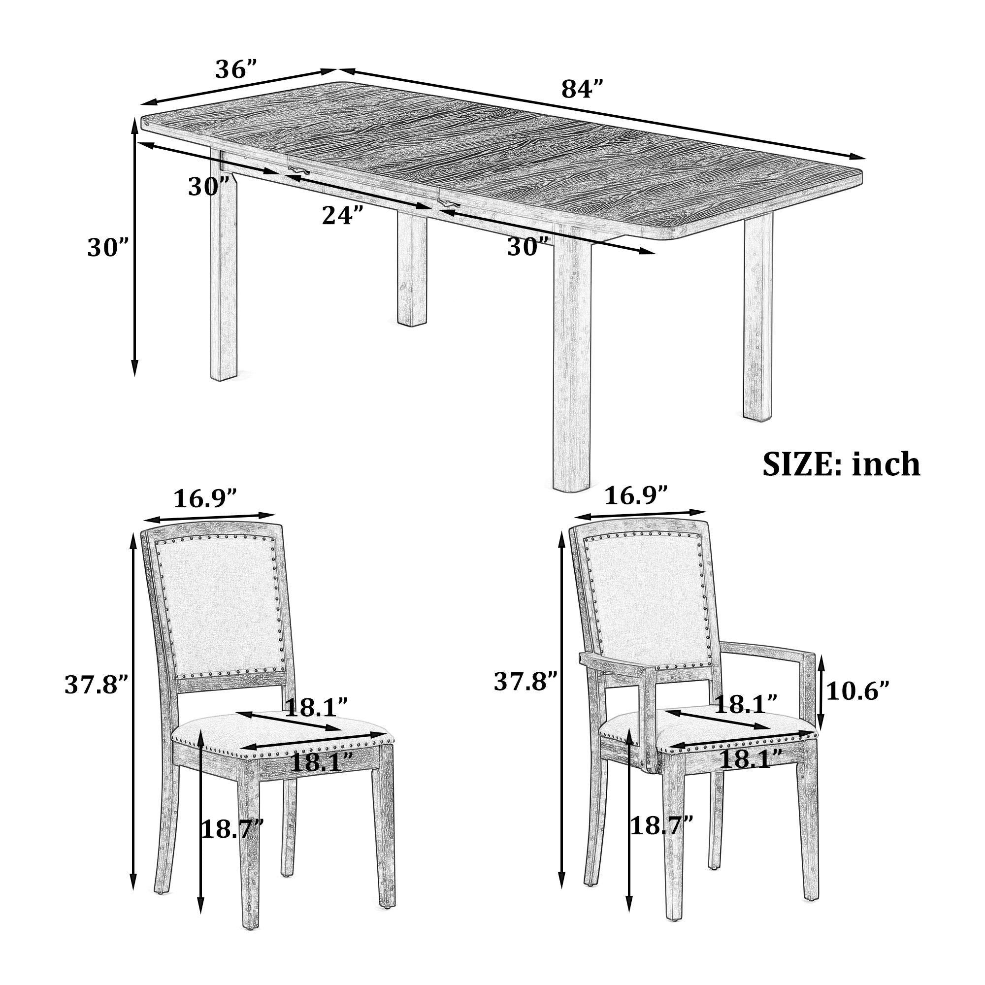 Topmax - Rustic Extendable Dining Table Set With Removable Leaf, 6 Upholstered Armless Dining Chairs And 2 Padded Arm Chairs, 9 Pieces