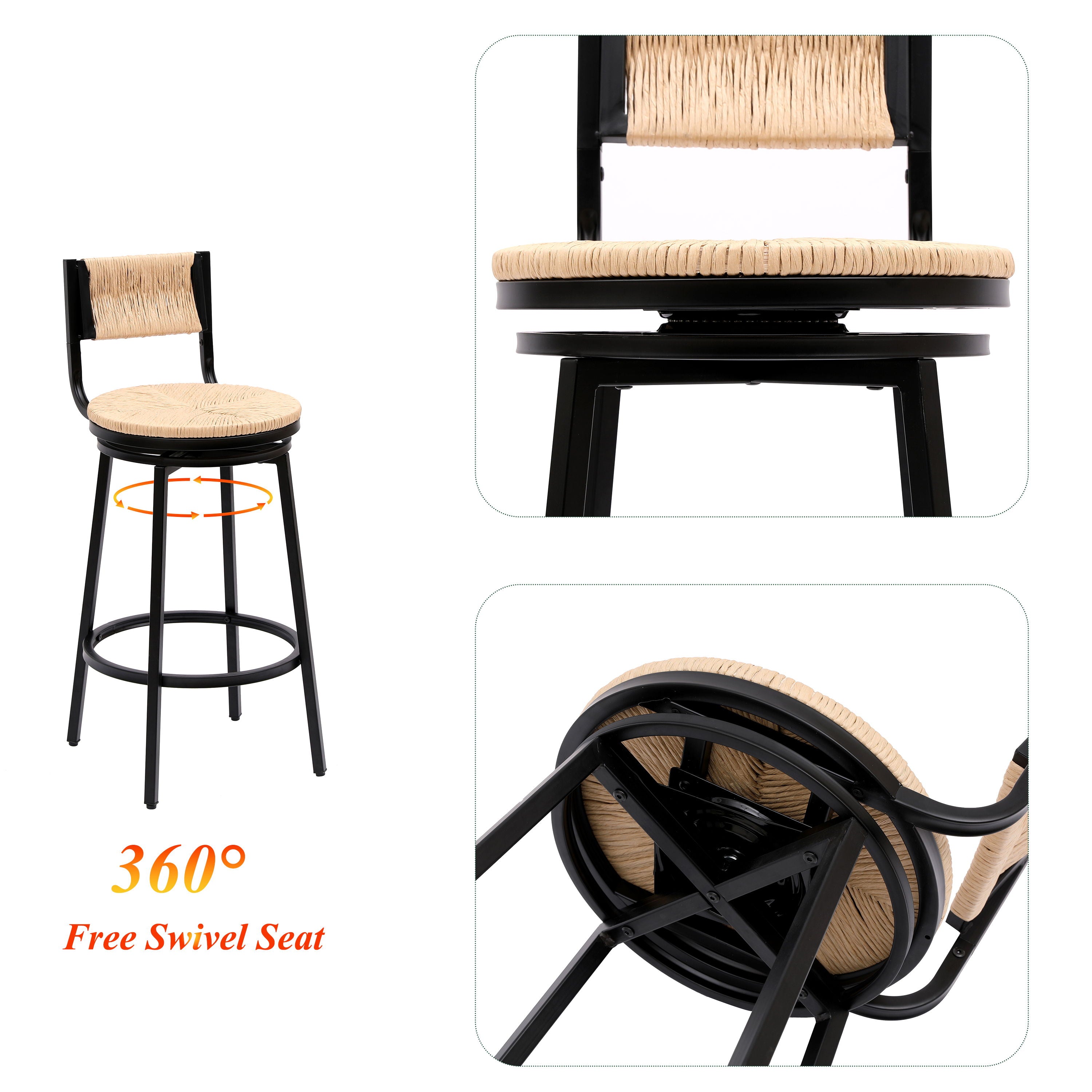 Bar Stools Swivel Counter Chairs With Metal Frame Hand Woven Paper Rope Dining Barstools For Kitchen Counter (Set of 2)