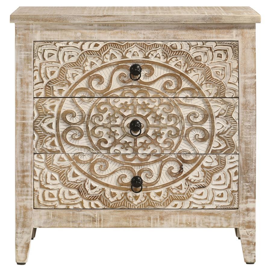 Mariska - 3-Drawer Wood Mandala Cabinet - Distressed White by Coaster Fine Furniture | Bel Furniture