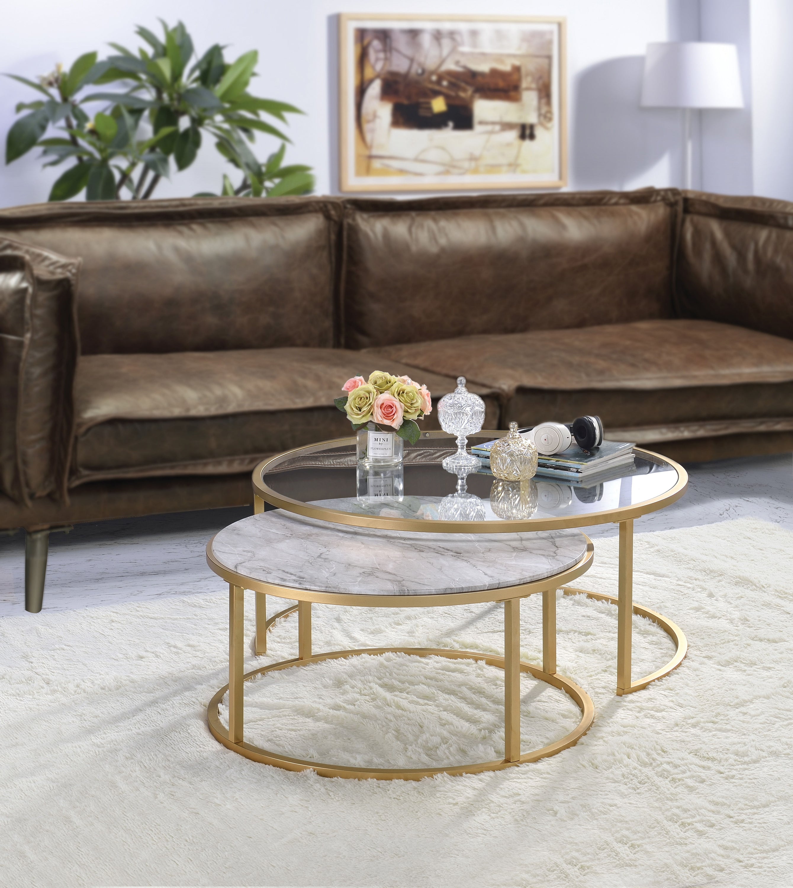 Shanish - Engineered Stone Top Nesting Table Set - Gold