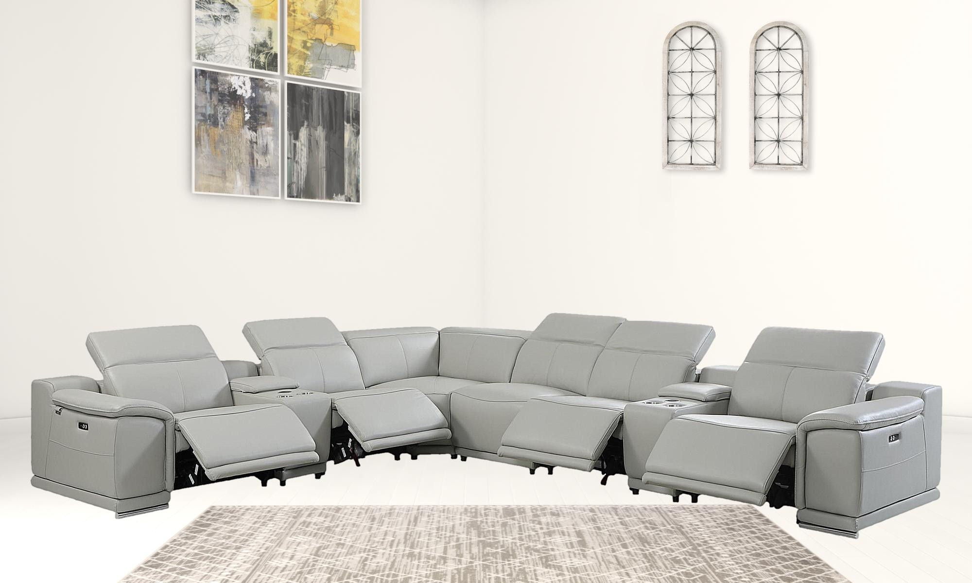 Italian Leather Power Reclining, U Shaped Eight Piece Corner Sectional With Console - Light Gray