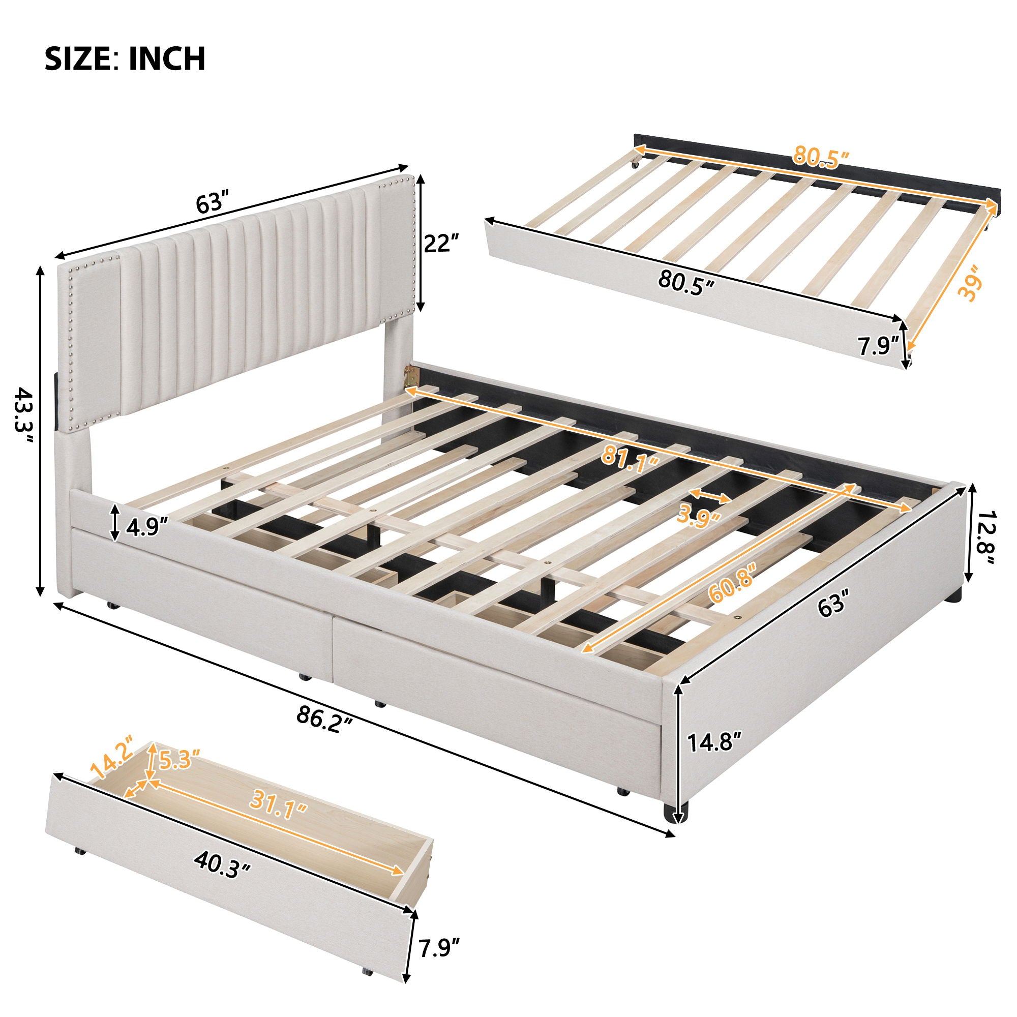 Upholstered Platform Bed With 2 Drawers And 1 Trundle, Classic Headboard Design