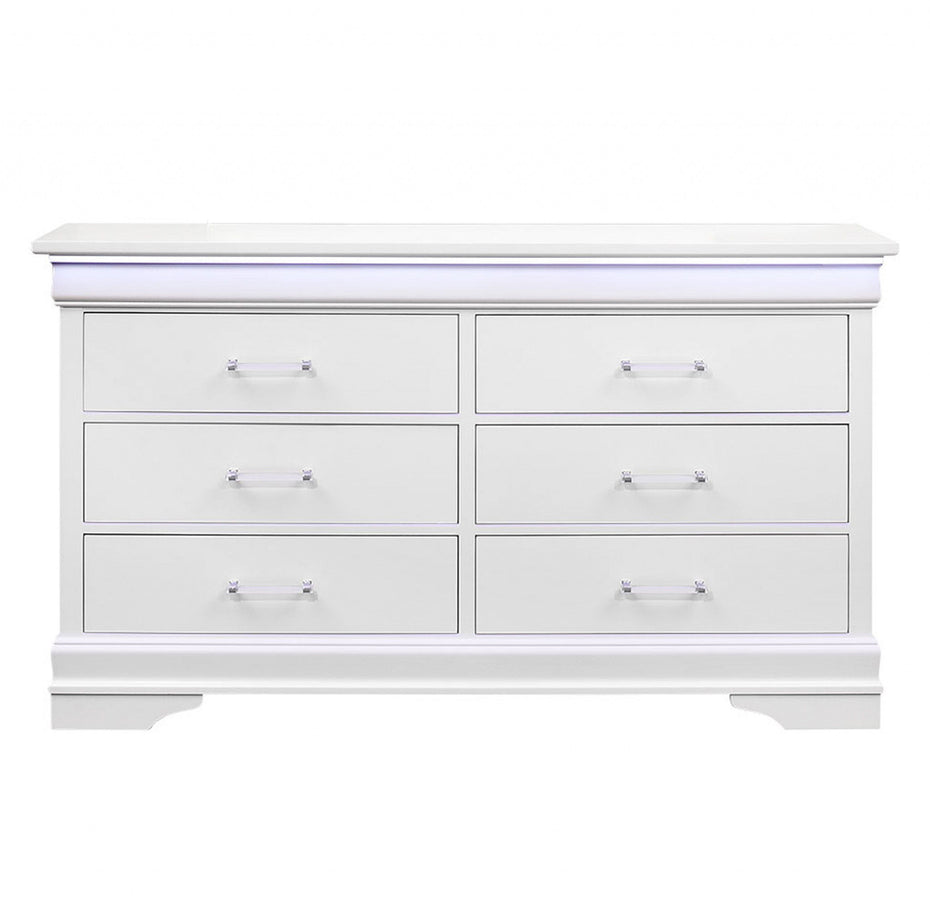 Solid Wood Six Drawer Double Dresser With Led - White