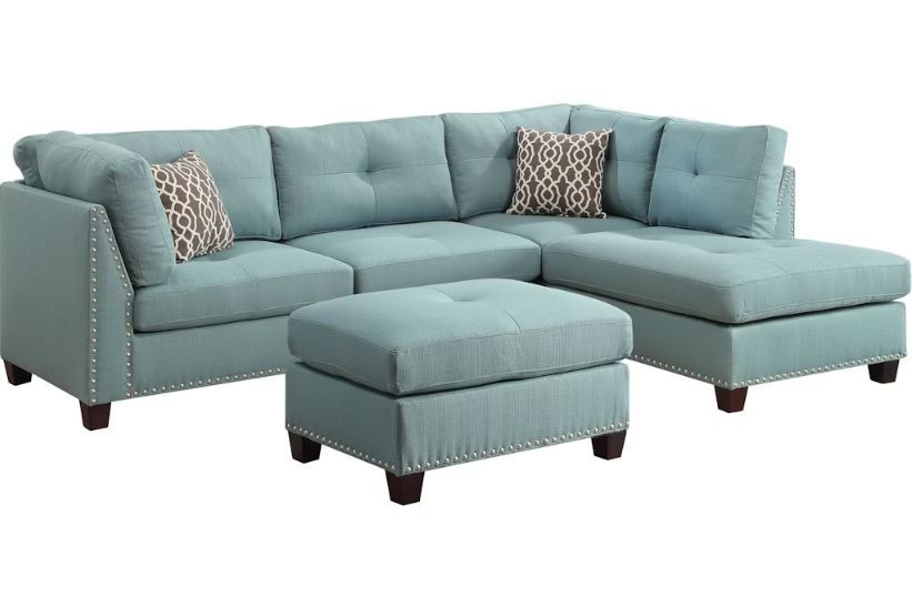 Teal Linen L Shaped Three Piece Sofa And Chaise Sectional And Toss Pillows - Blue