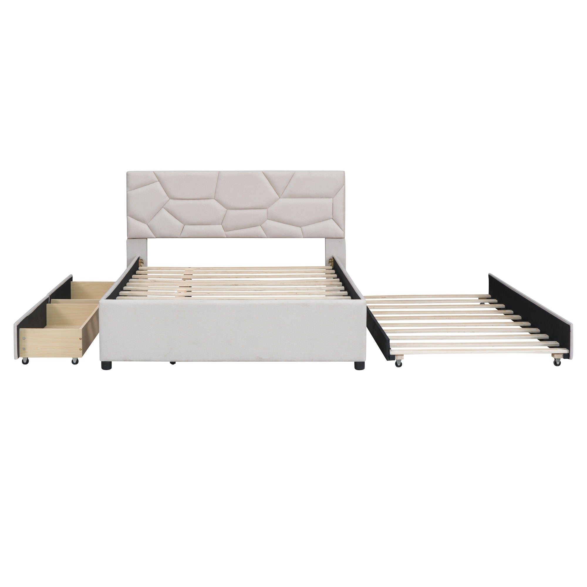 Full Size Upholstered Platform Bed With Brick Pattern Headboard, With Twin Size Trundle And 2 Drawers, Linen