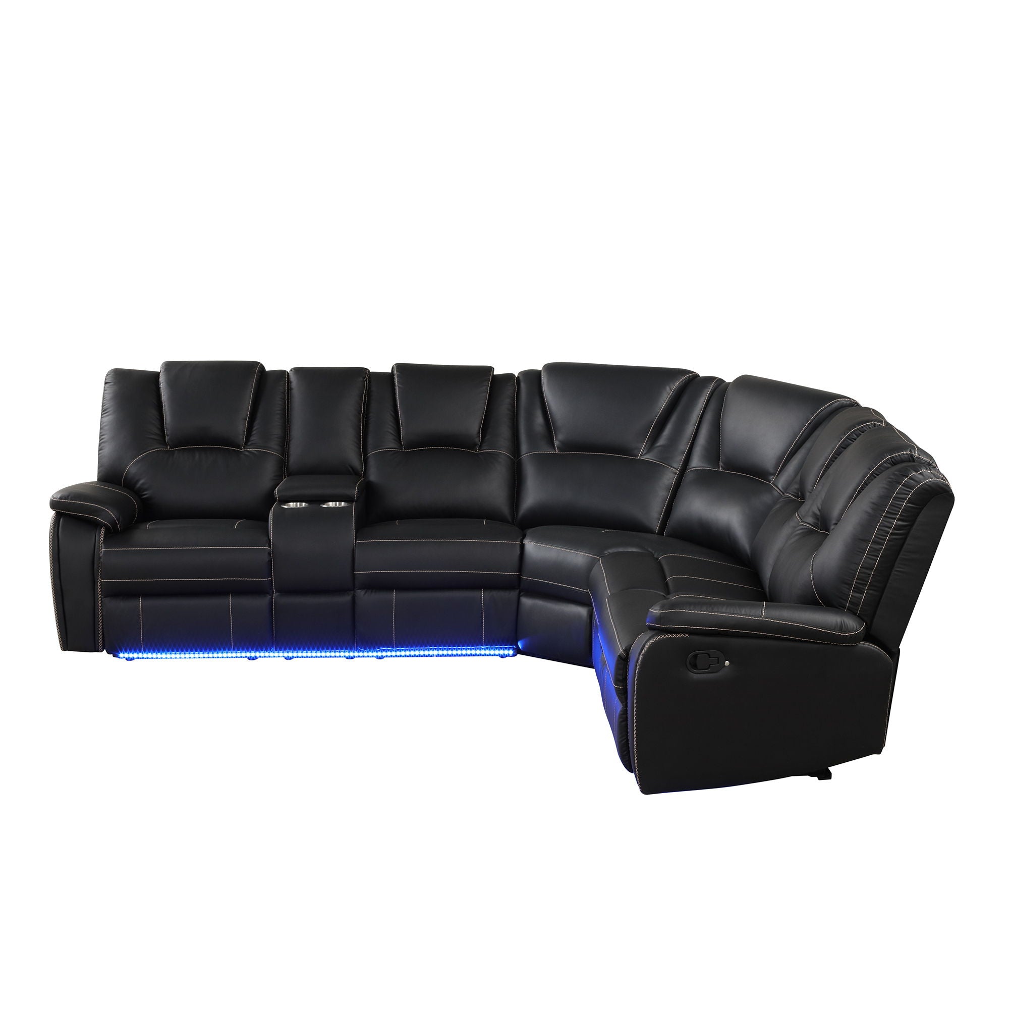 Modern Faux Leather Manual Reclining With Center Console With LED Light Strip, Living Room Furniture Set, PU Symmetrical Couch With 2 Cup Holders And Storage For Living Room - Black