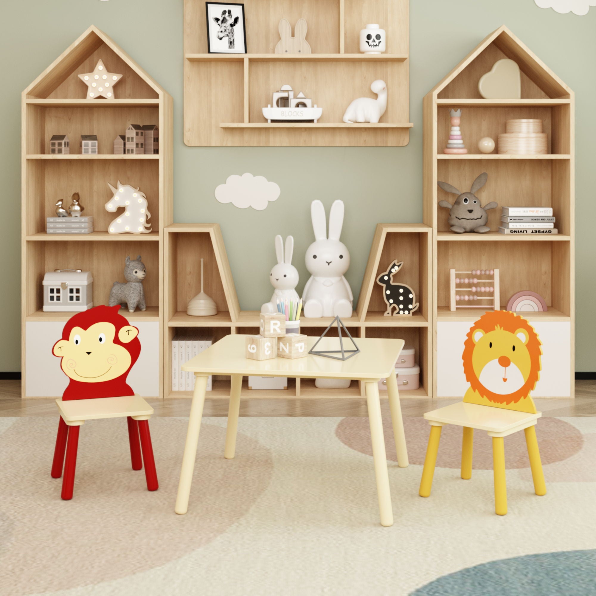 Kids Table And 2 Chairs Set, 3 Pieces Toddler Table And Chair Set, Wooden Activity Play Table Set (Lion&Monkey) - Natural