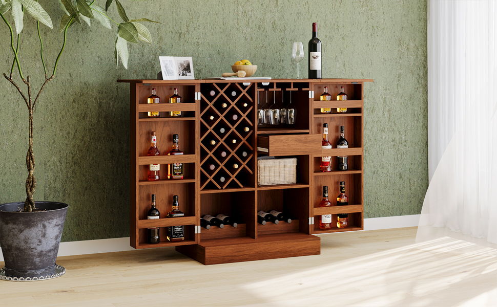 Home Bar Cabinet, Industrial Rattan Door Fold Out Bar Cabinet With Storage Bar Table - Walnut