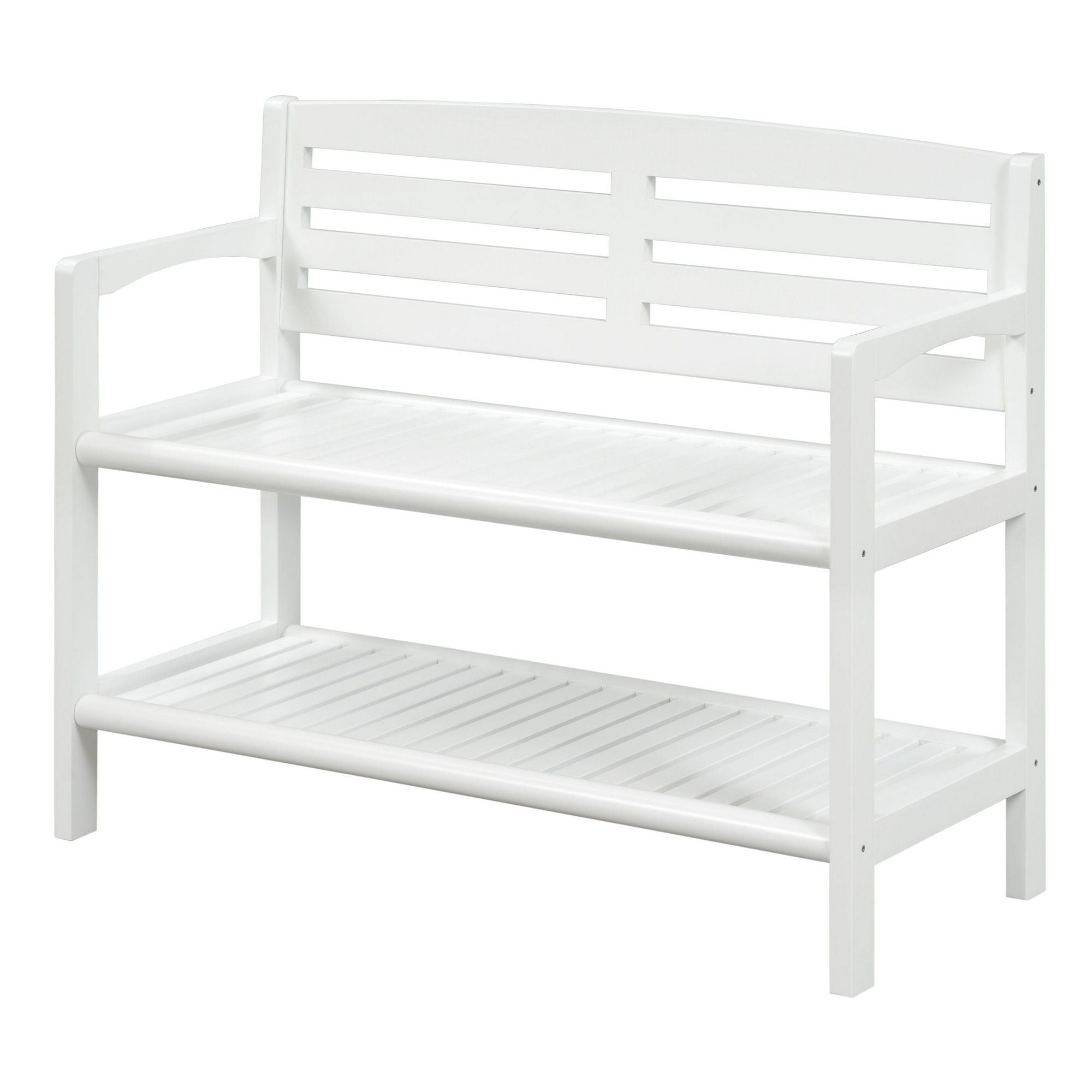 Solid Wood Slat Bench With High Back And Shelf - White