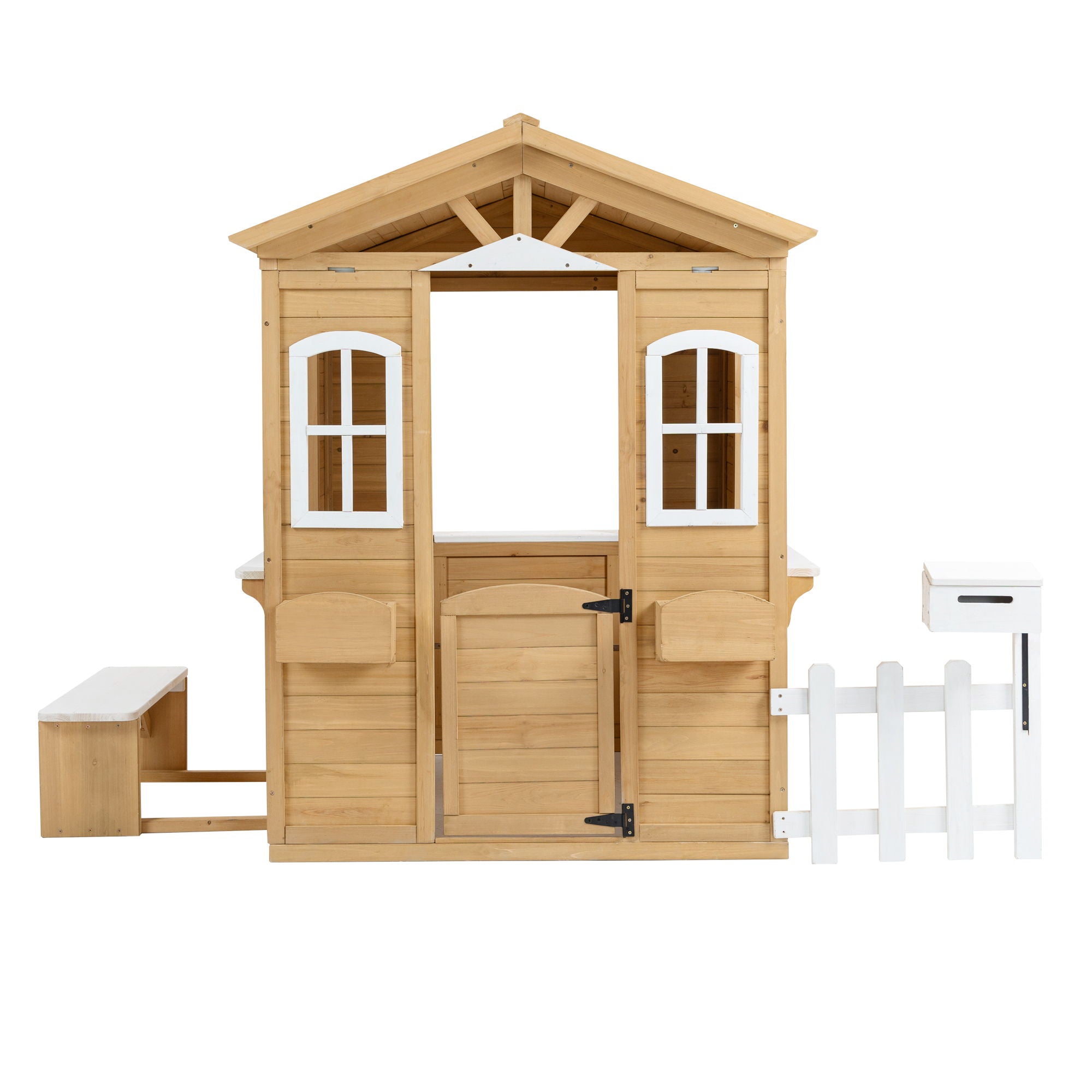 Wooden Playhouse For Kids Outdoor With Working Door, Windows, Mailbox, Bench, Flowers Pot Holder - Natural