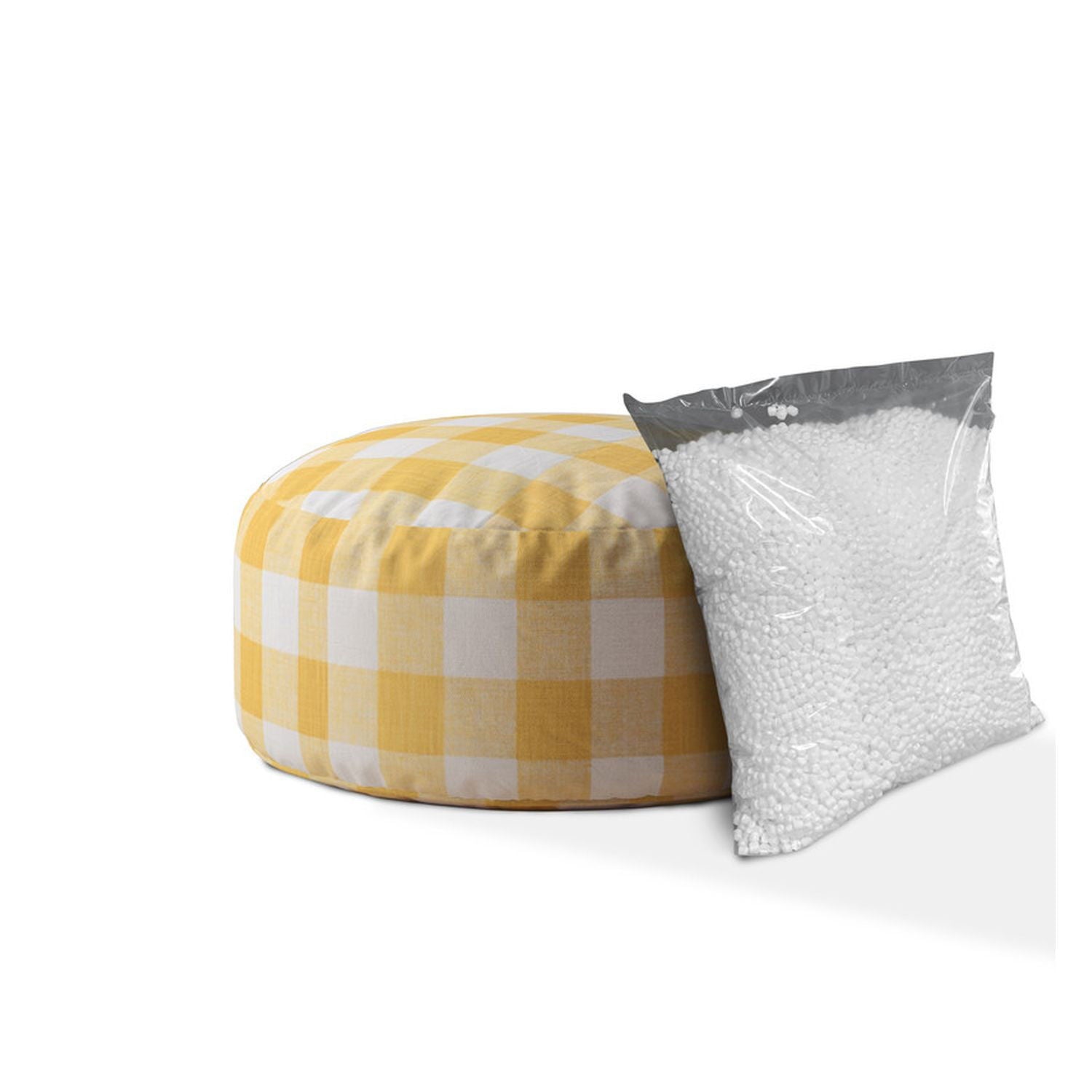 Canvas Round Gingham Pouf Cover - Yellow / White