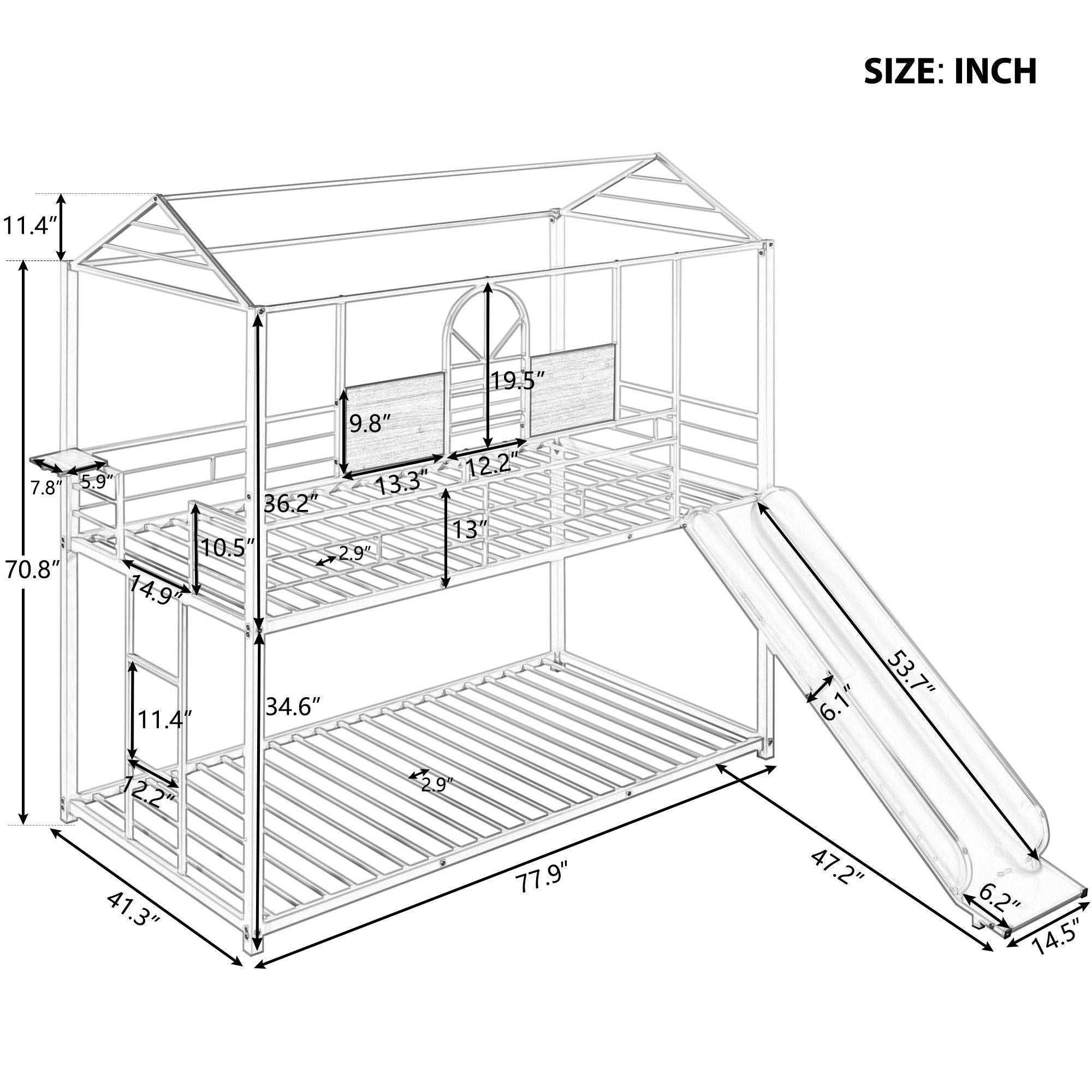 Twin Over Twin Metal Bunk Bed, Metal Housebed With Slide, Three Colors Available