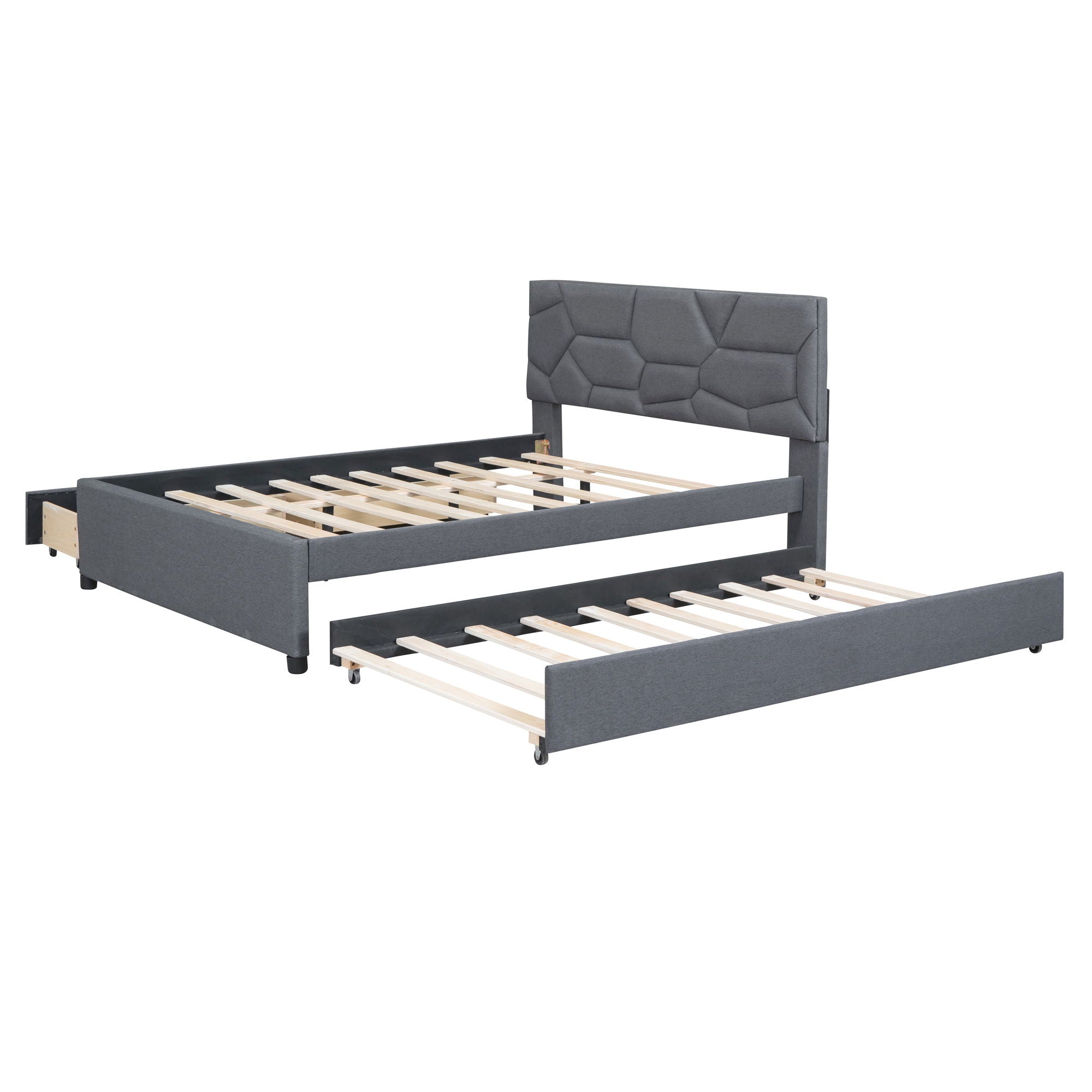 Full Size Upholstered Platform Bed With Brick Pattern Headboard, With Twin Size Trundle And 2 Drawers, Linen