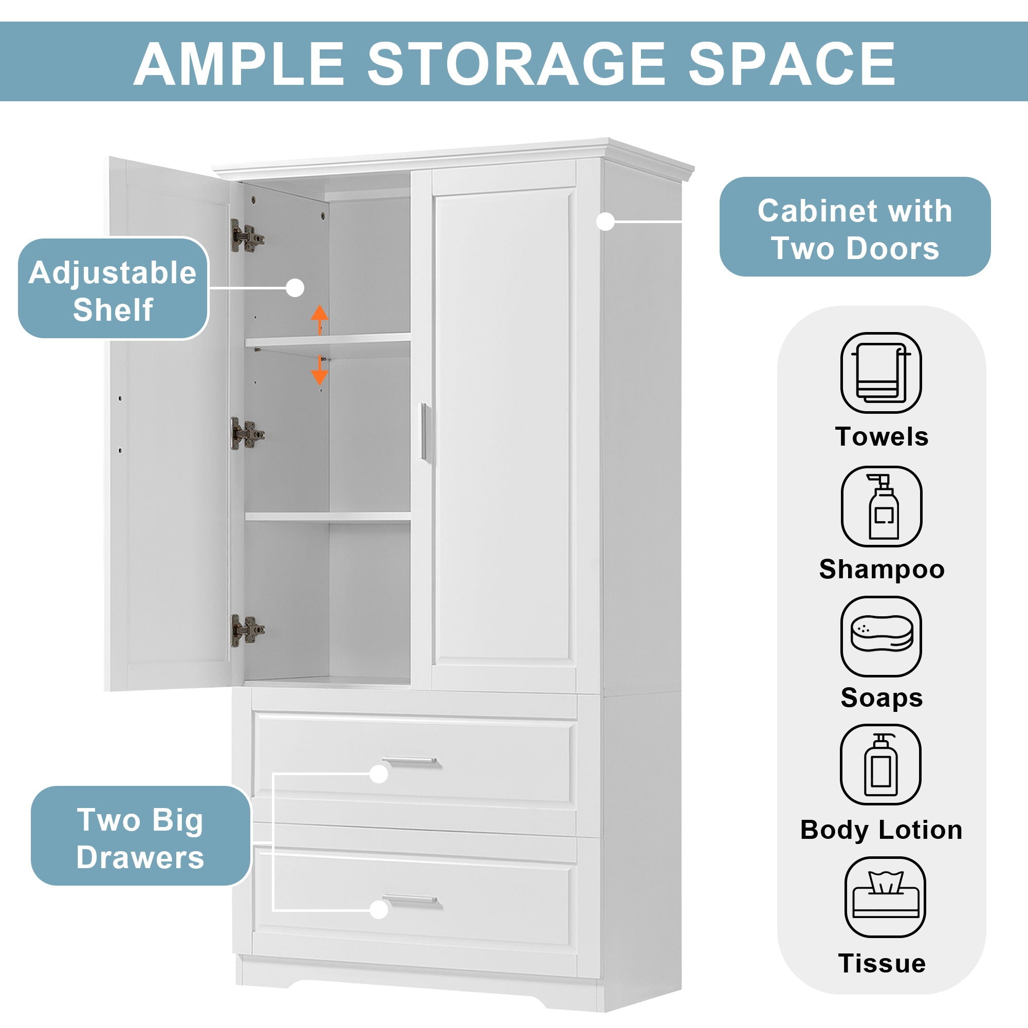 Tall Bathroom Storage Cabinet, Cabinet With Two Doors And Drawers, Adjustable Shelf, MDF Board - White