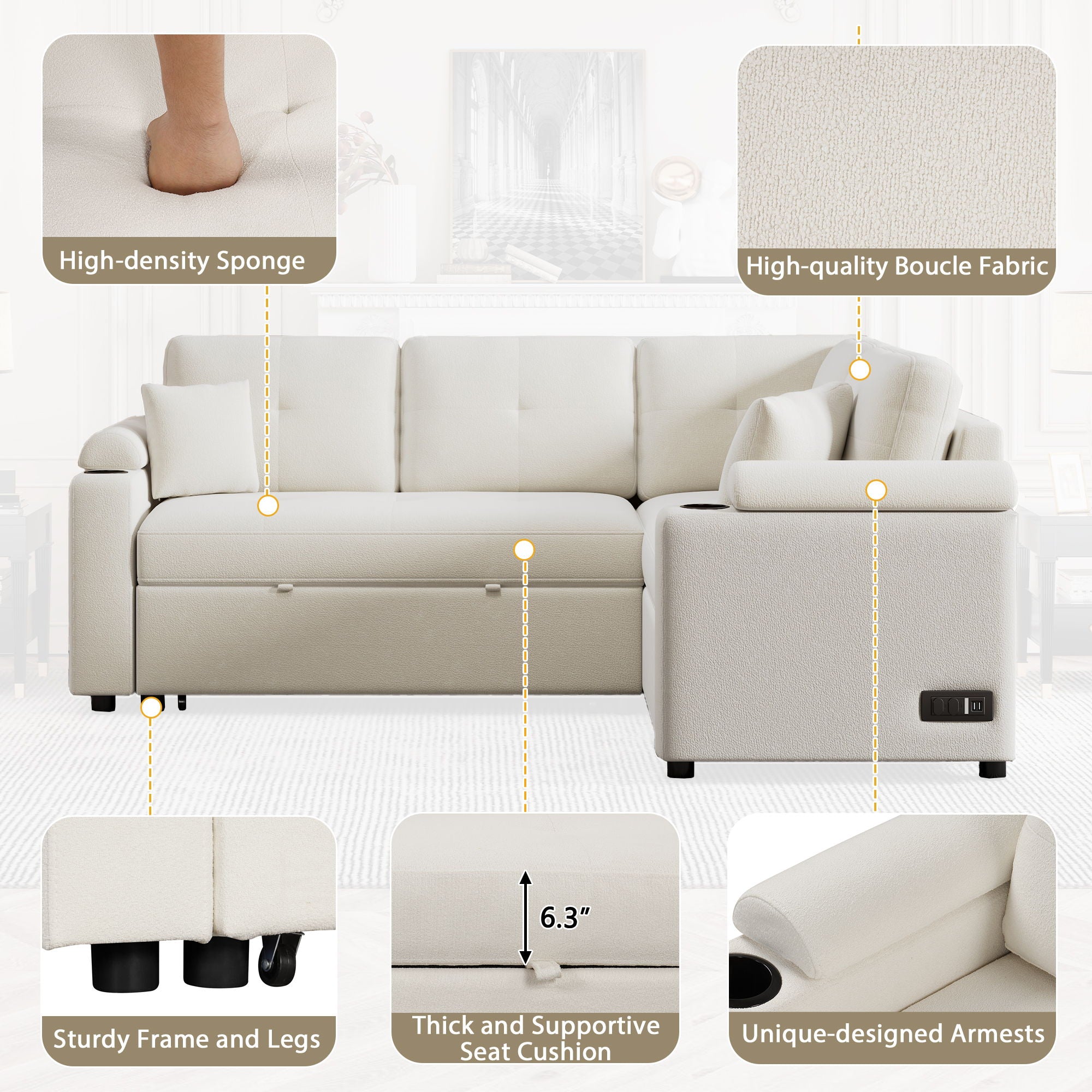 L-Shape Sofa Bed Pull-Out Sleeper Sofa With Wheels, USB Ports, Power Sockets For Living Room