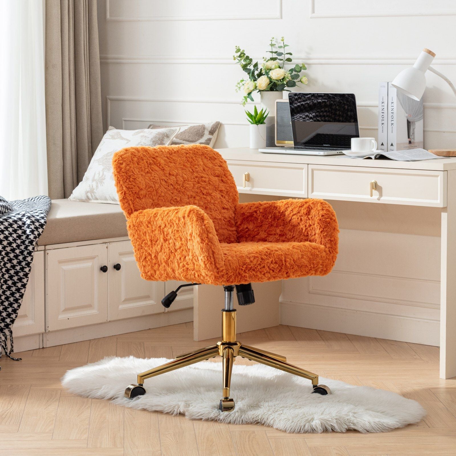 Office Chair, Artificial Rabbit Hair Home Office Chair With Golden Metal Base, Adjustable Desk Chair Swivel Office Chair, Vanity Chair