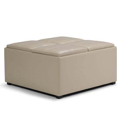 Avalon - Square Coffee Table, Storage Ottoman Beige Faux Leather by Simpli-Home | Bel Furniture