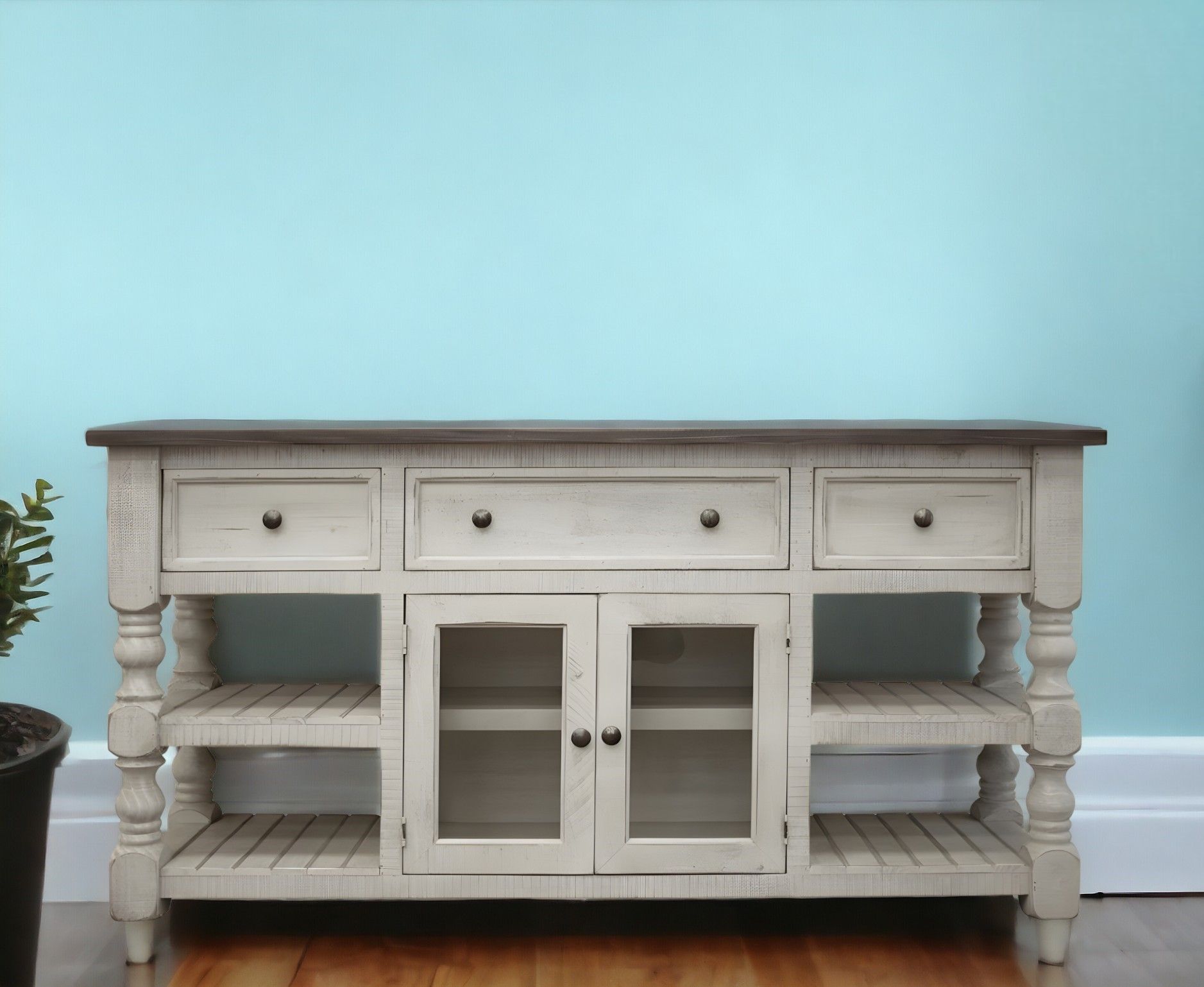 Open Shelving Distressed, TV Stand - Ivory