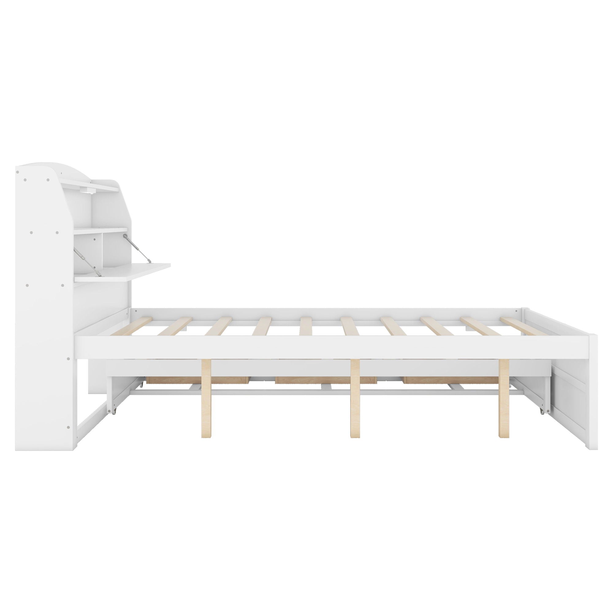 Wooden LED Platform Bed With Trundle, With Storage Headboard, With Drawers